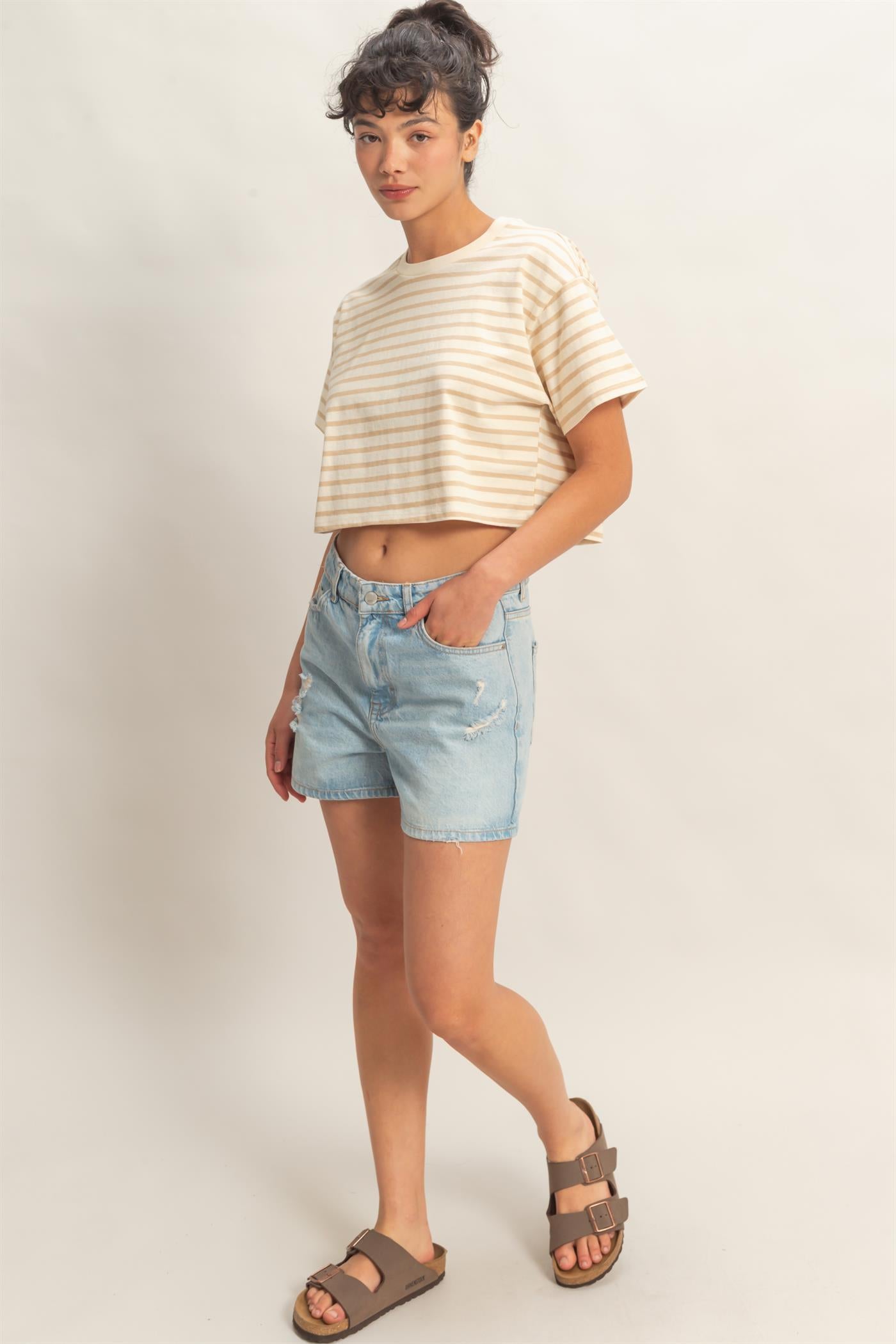 Wholesale Striped Oversized Short Sleeve Cropped Tee Clothing Tops DZ26C023 TAUPE DOUBLE ZERO