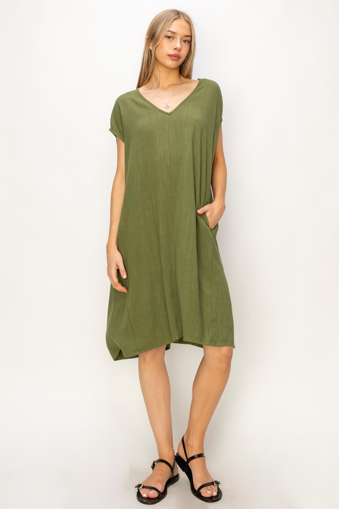 Wholesale V-Neck Oversized Linen Midi Dress Dresses DZ23E033-D MOSS DOUBLE ZERO