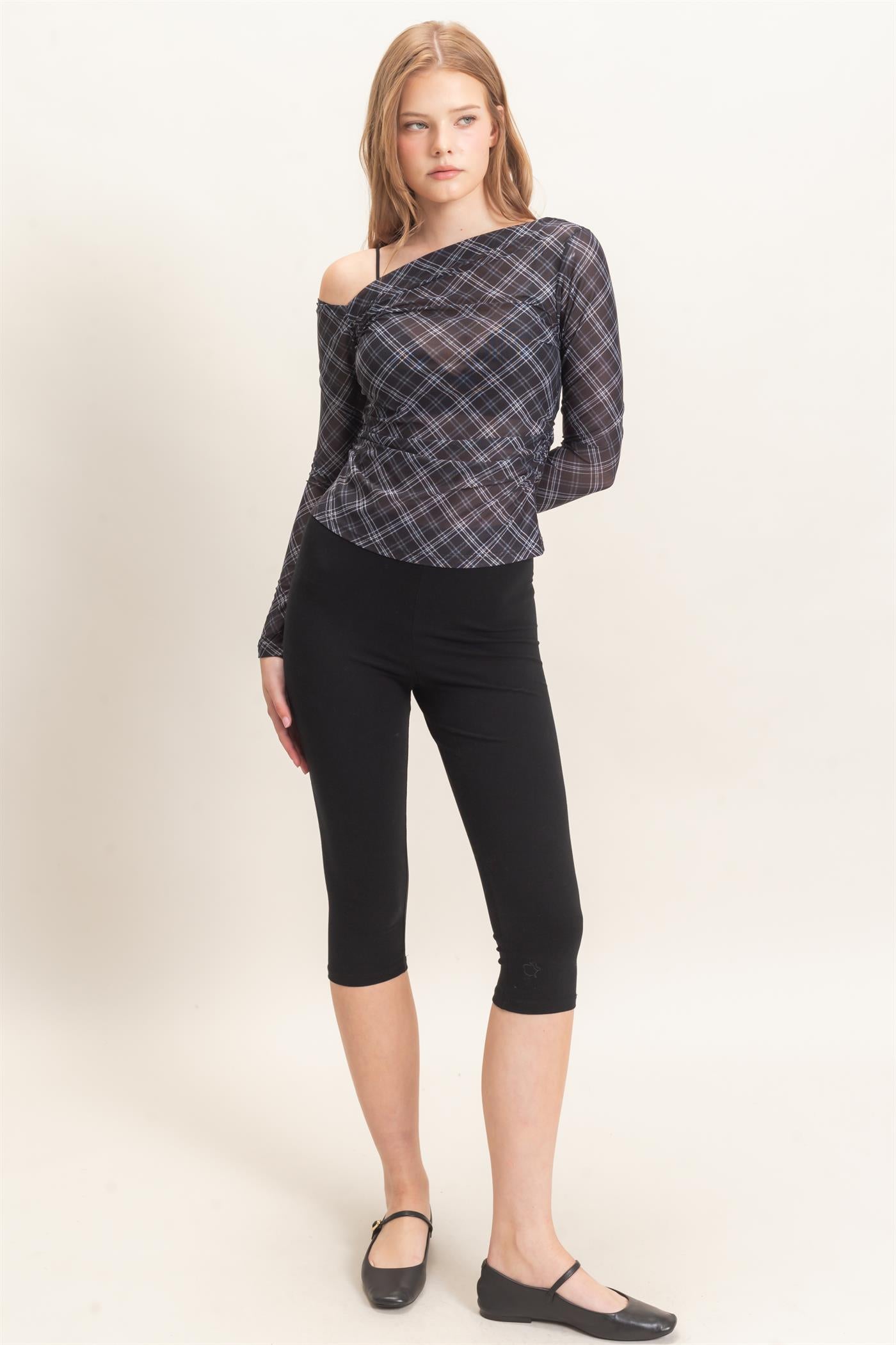 Wholesale Asymmetrical Plaid Off Shoulder Top Dresses HF26E710 BLACK HYFVE