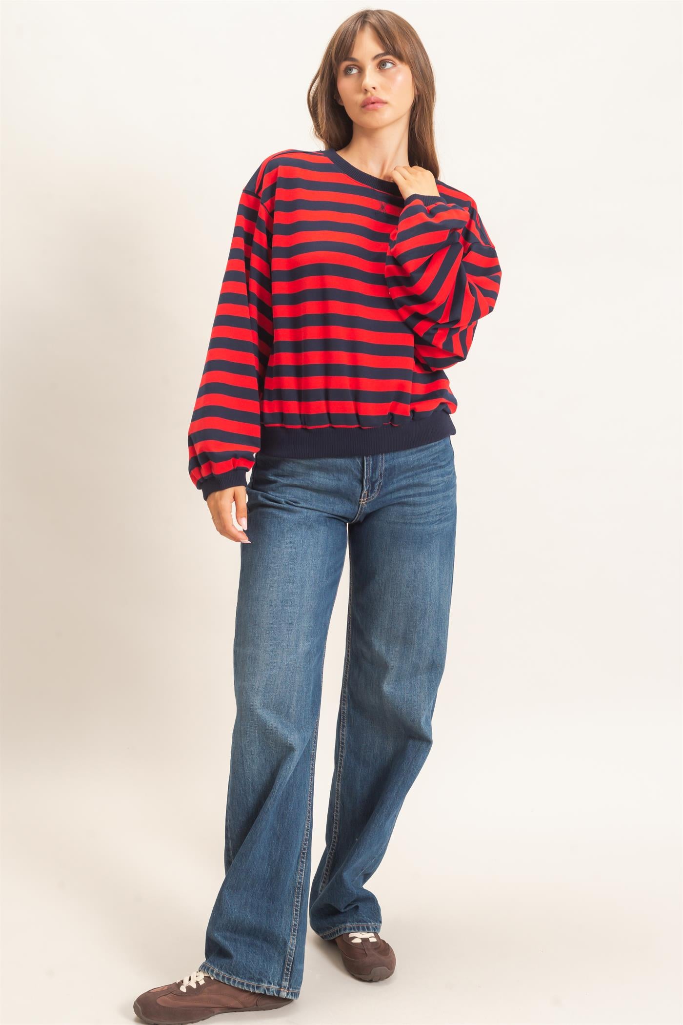 Wholesale Striped Crew Neck Sweatshirt Sweatshirts HF26E010 RED HYFVE