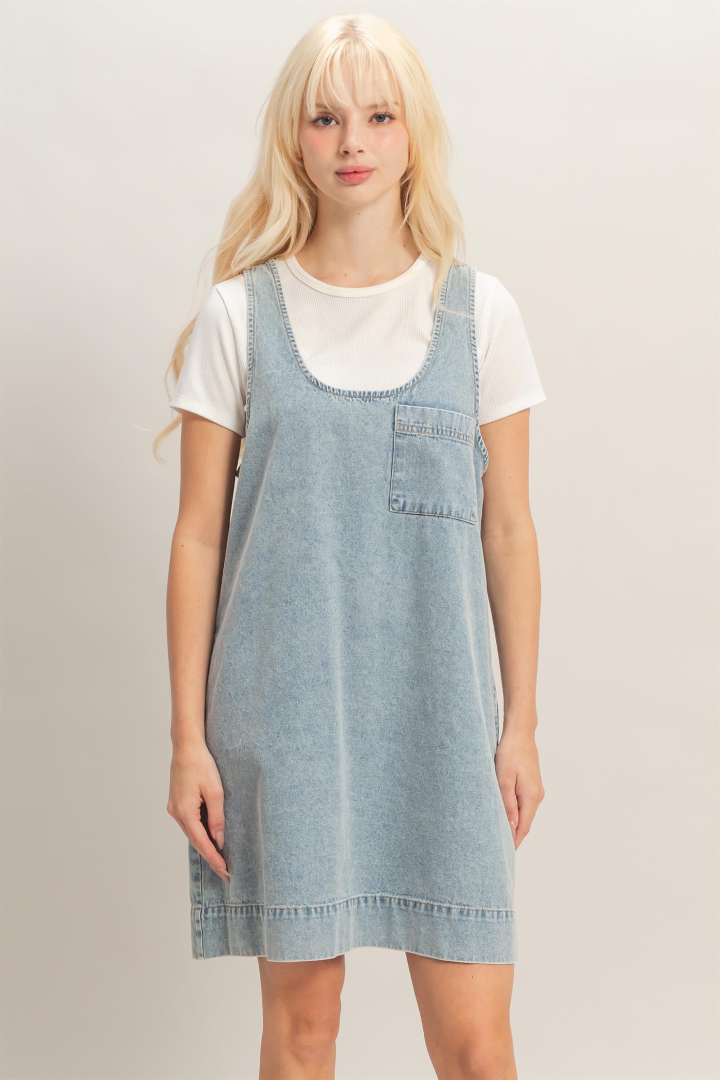 Wholesale Sleeveless Denim Shift Dress Dresses DZ26C204 LIGHT BLUE DOUBLE ZERO