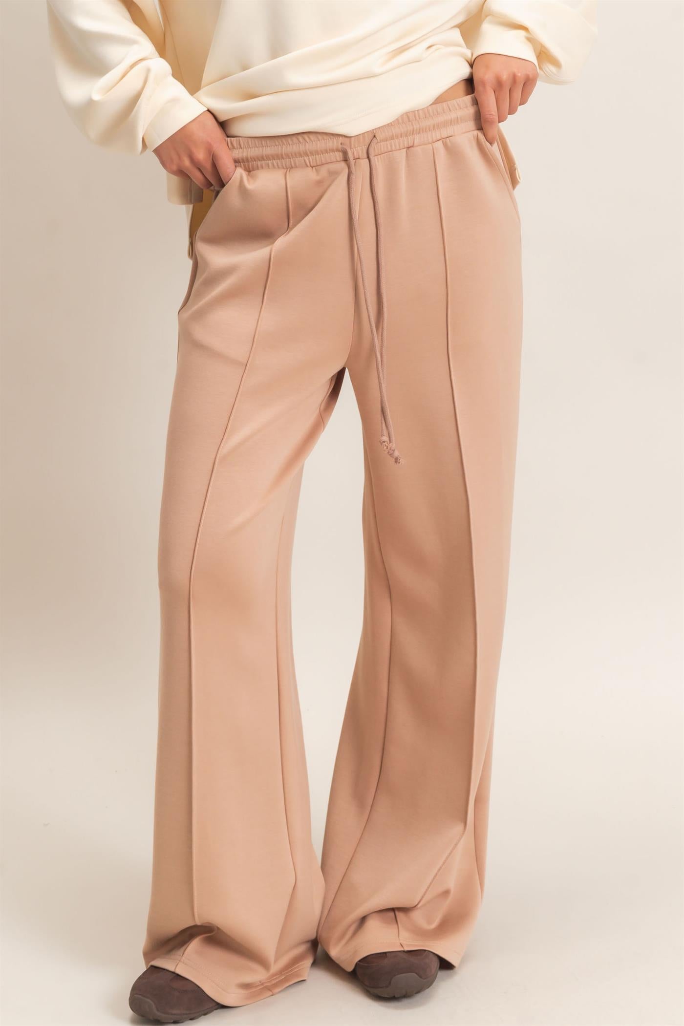 Wholesale Drawstring Waist Pintuck Wide Leg Pants Pants DZ26E384 DARK TAUPE HYFVE