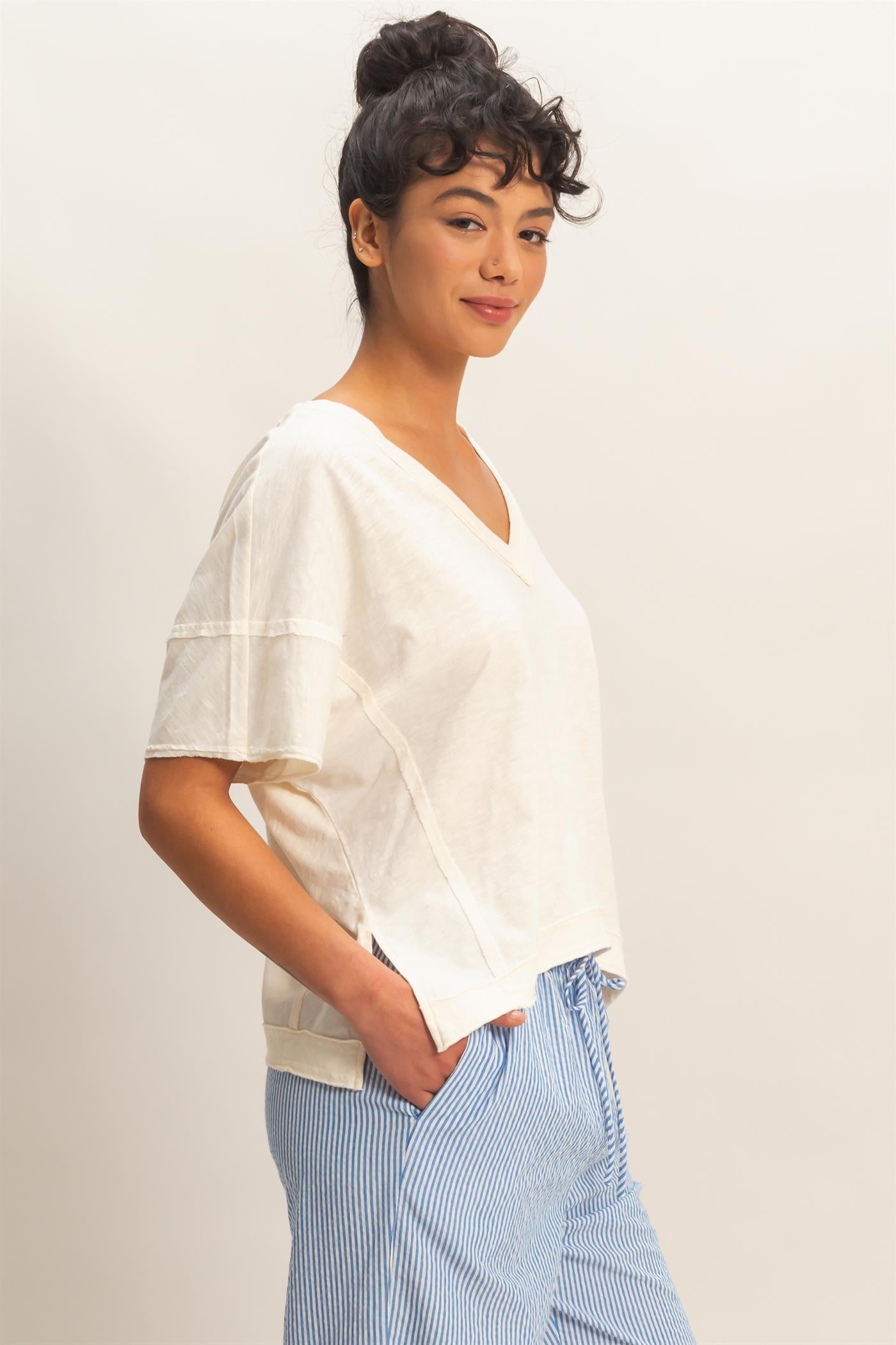 Wholesale Oversized V-Neck Short Sleeve Top Clothing Tops DZ26A032 WHIP CREAM DOUBLE ZERO