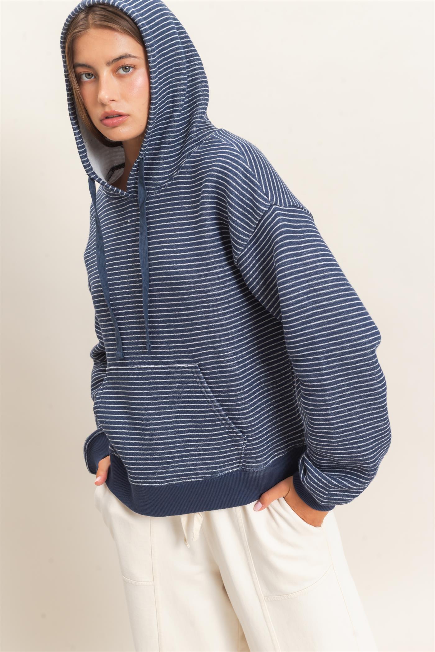 Wholesale Striped French Terry Hoodie Hoodies DZ26C619 NAVY DOUBLE ZERO