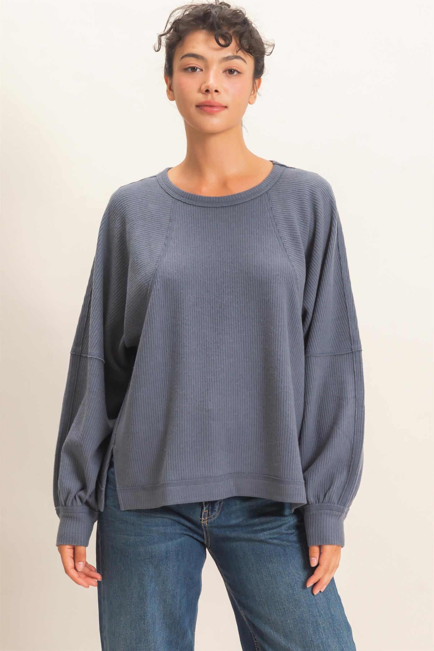 Wholesale Brushed Waffle Long Sleeve Top Clothing Tops DZ26F312 DARK GRAY DOUBLE ZERO