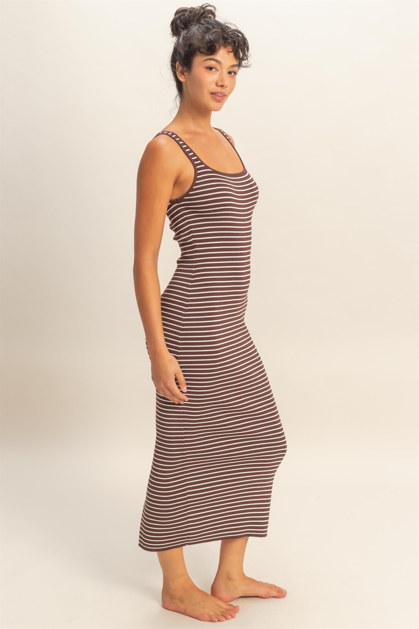 Wholesale Striped Bodycon Midi Dress With Back Slit Dresses DZ26C340 CHOCOLATE DOUBLE ZERO