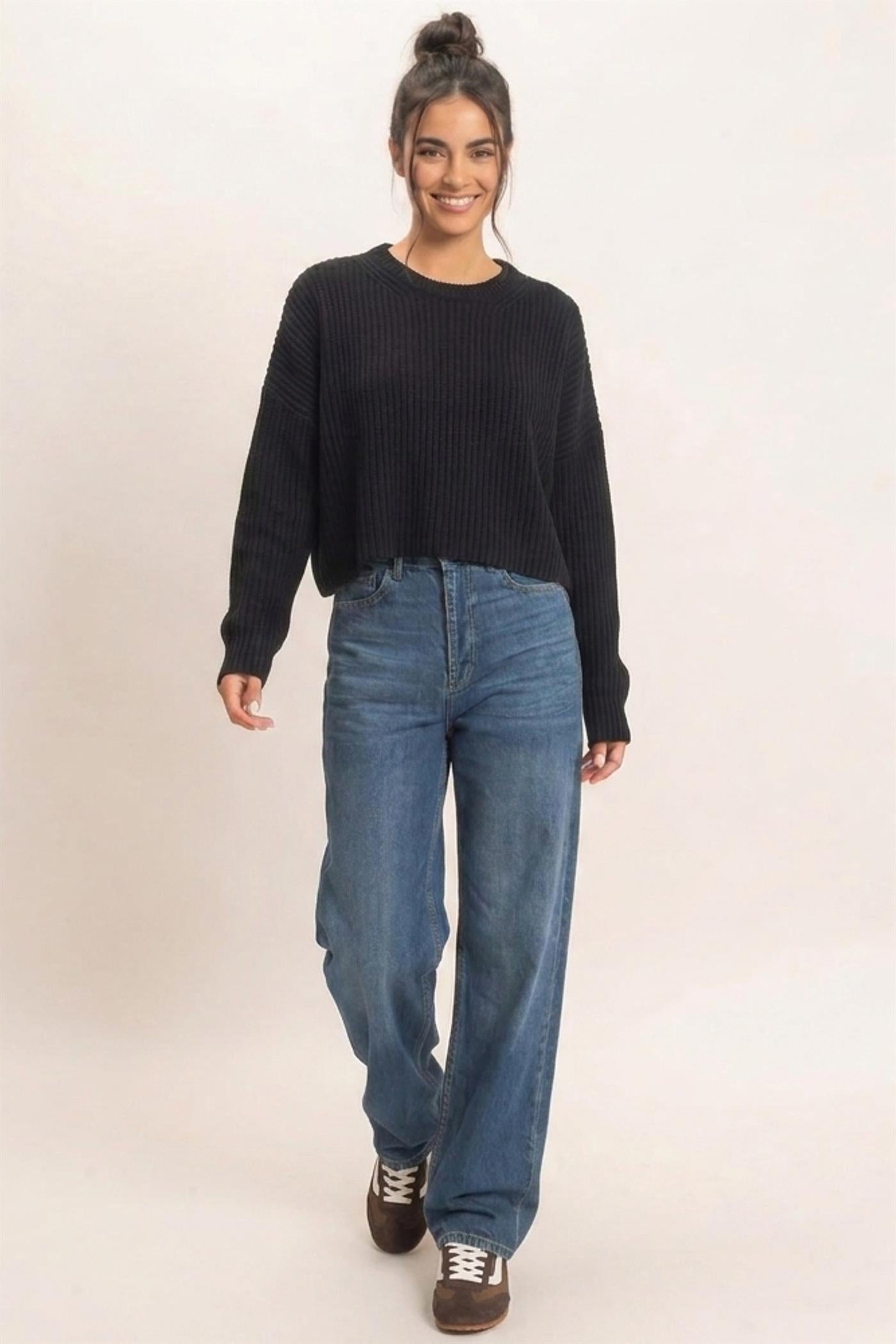 Wholesale Oversized Cropped Sweater Sweaters DZ26E252 BLACK DOUBLE ZERO