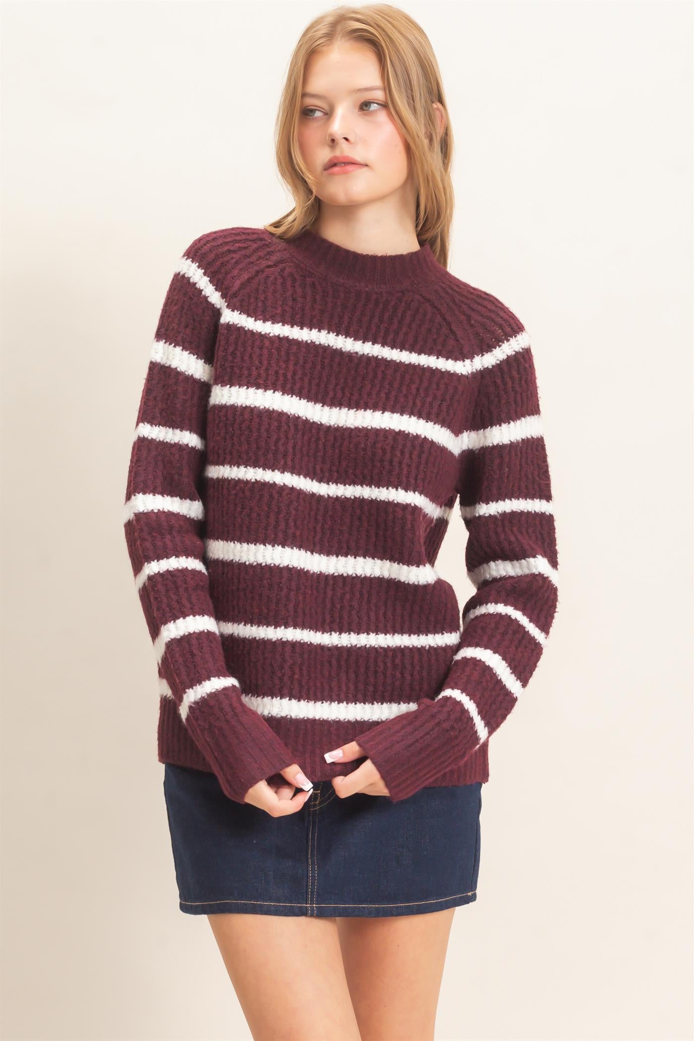 Wholesale Textured Striped Mock Neck Sweater Sweaters HF26E765 WINE HYFVE