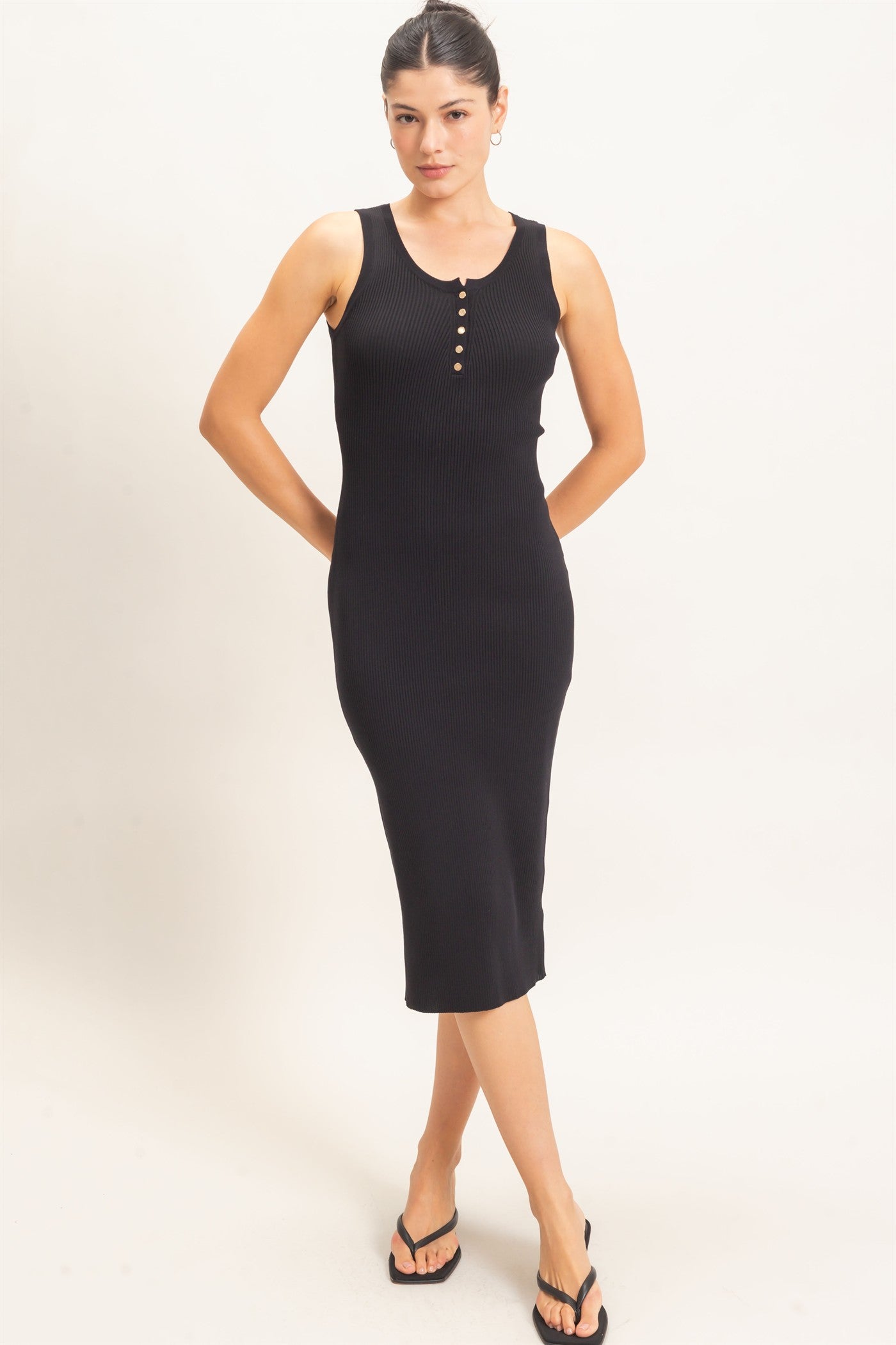 Wholesale Ribbed Button-Front Tank Dress Dresses HF26E218 BLACK HYFVE