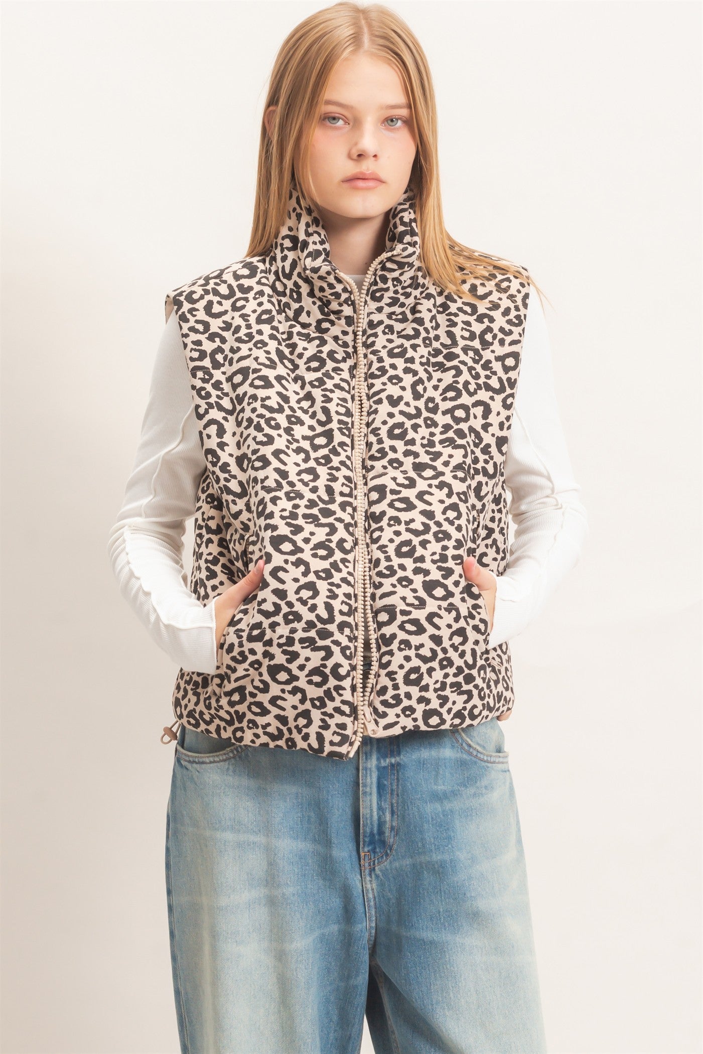 Wholesale Leopard Quilted Zip Up Puffer Vest Outerwear HF26F205 KHAKI HYFVE