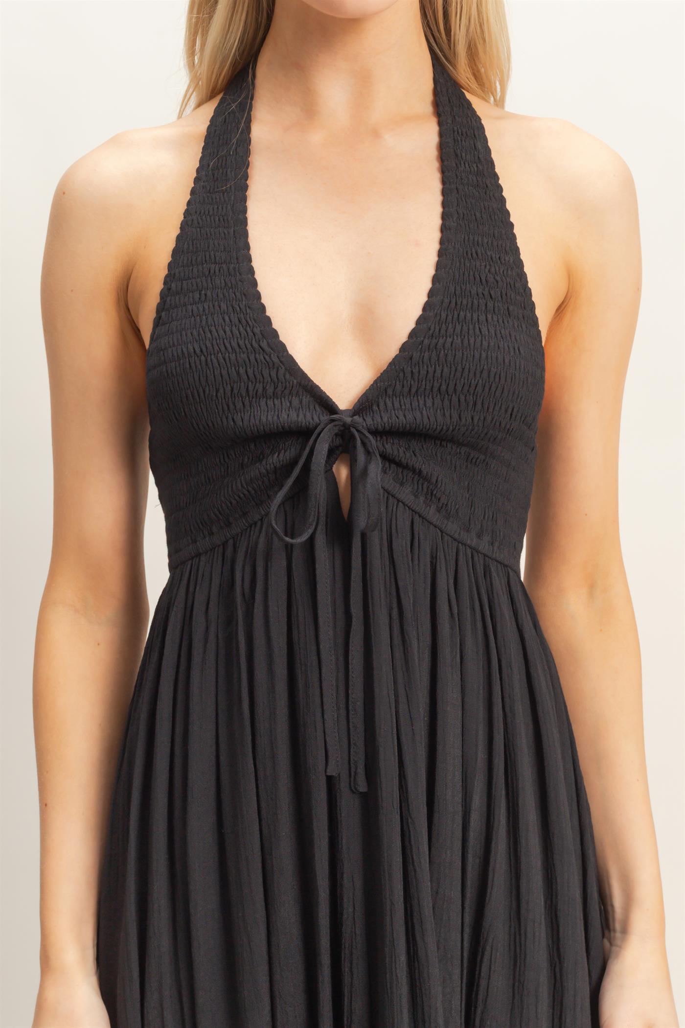 Wholesale Halter Neck Smocked Maxi Dress Dresses HF26C287-D BLACK HYFVE