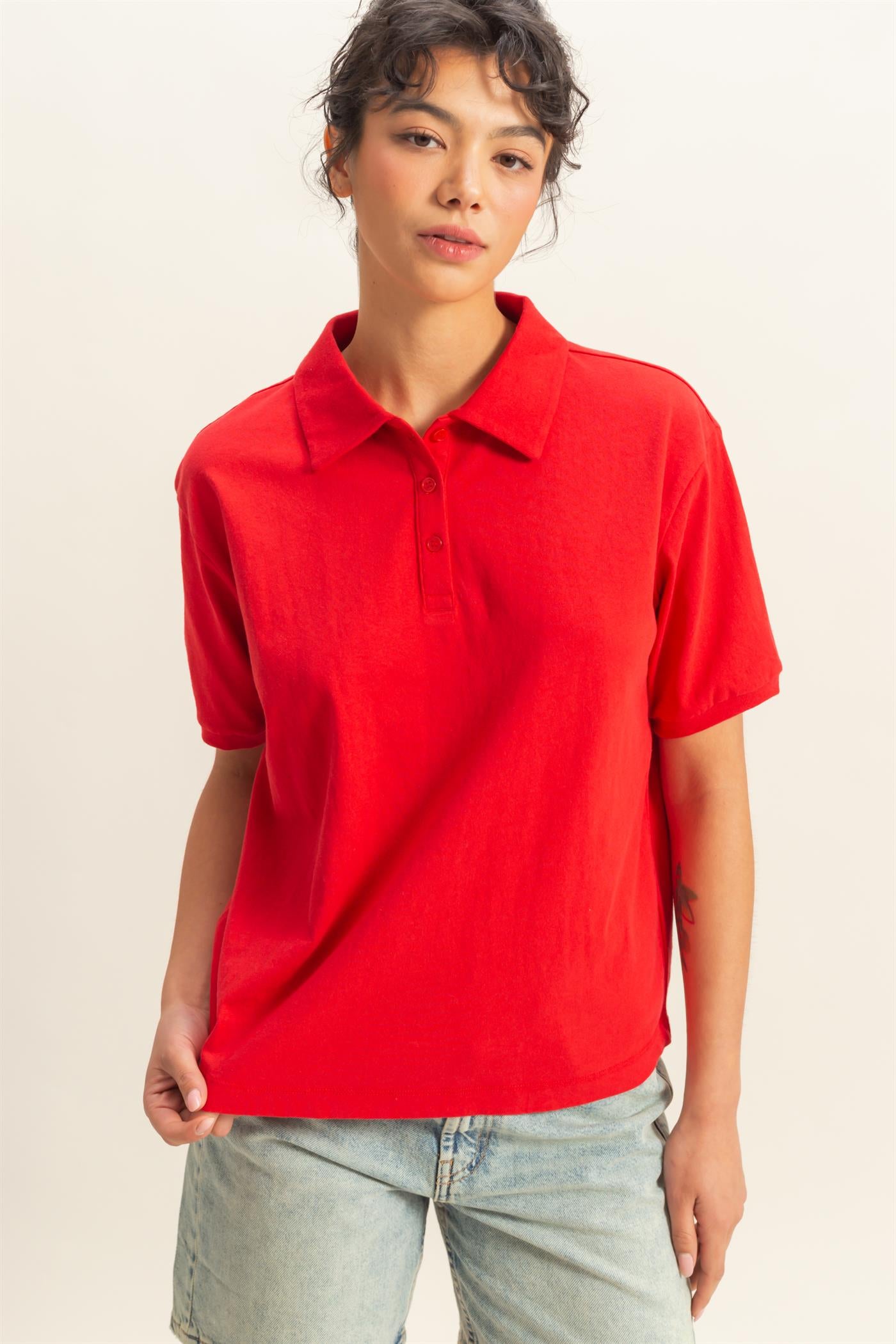 Wholesale Collared Neck Short Sleeve Relaxed Top Polos DZ25C257 RED DOUBLE ZERO