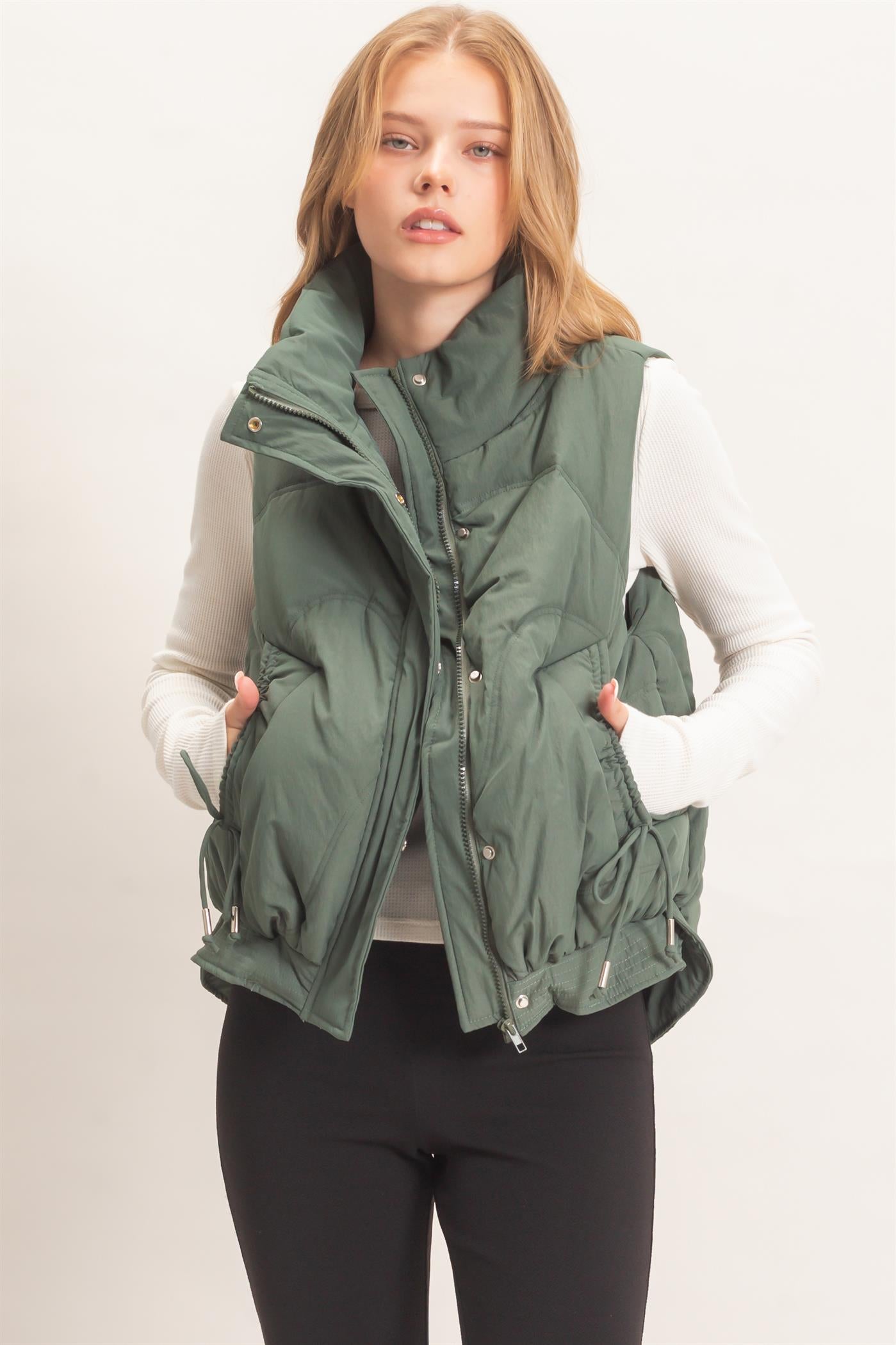 Wholesale Quilted Funnel Neck Puffer Vest Vests HF26F168 H.GREEN HYFVE