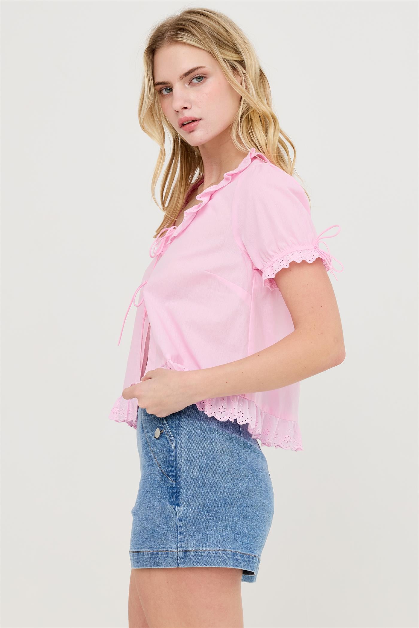 Wholesale Lace Trim Peasant Top Blouses HF26C137 PINK HYFVE