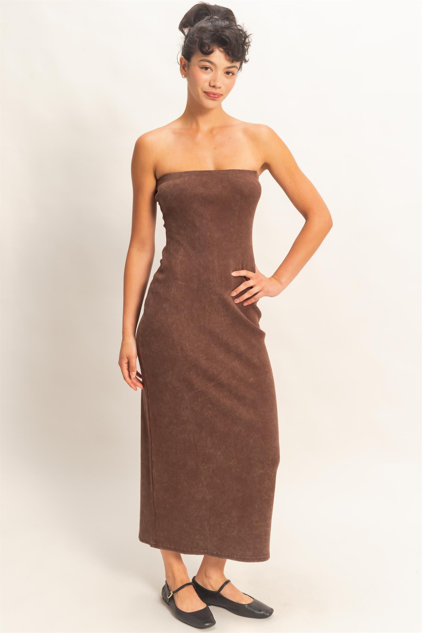Wholesale Acid Washed Ribbed Midi Tube Dress Dresses DZ26C620 CHOCOLATE DOUBLE ZERO