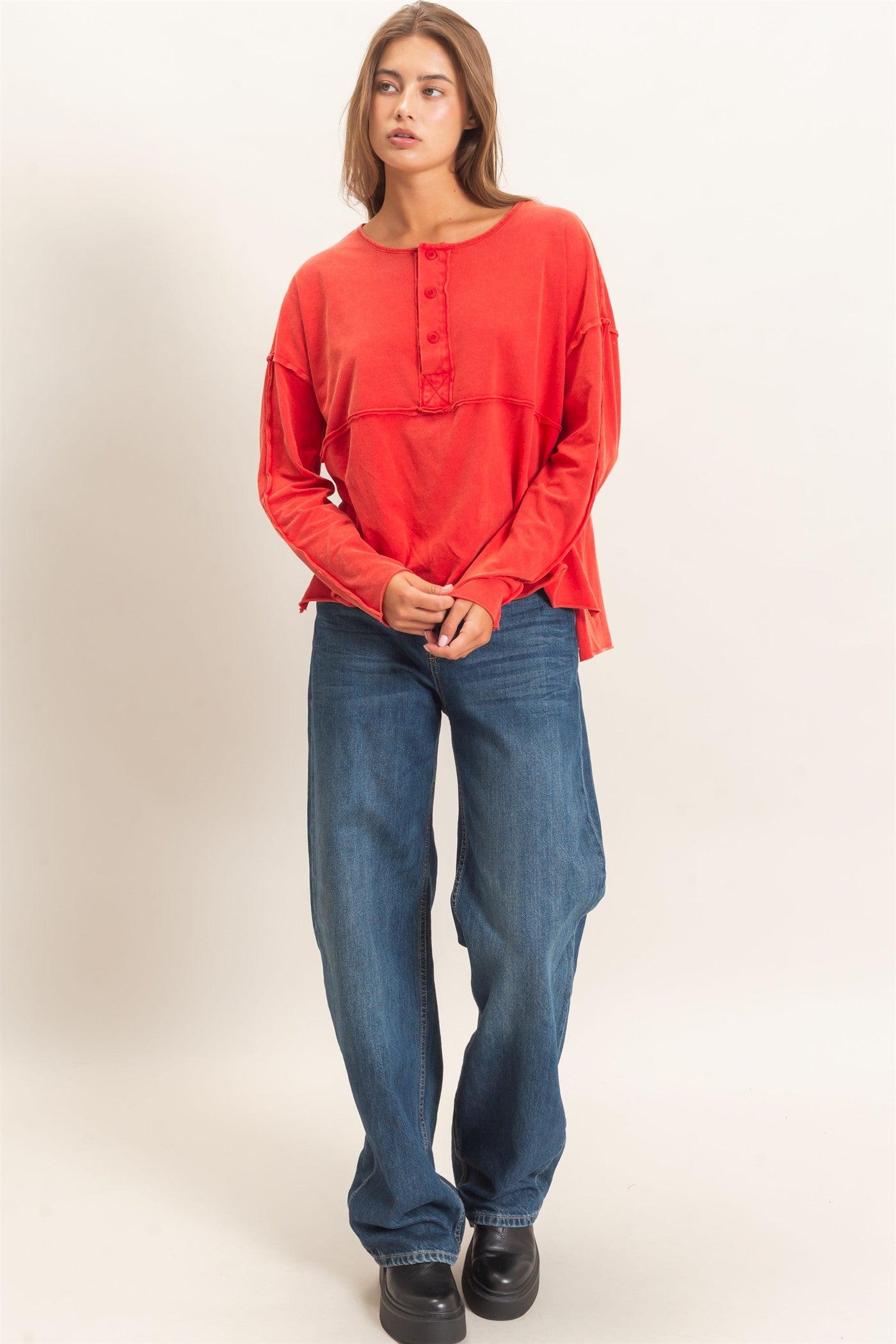 Wholesale Oversized Henley Top With Raw Edges Clothing Tops DZ26F128 RED DOUBLE ZERO