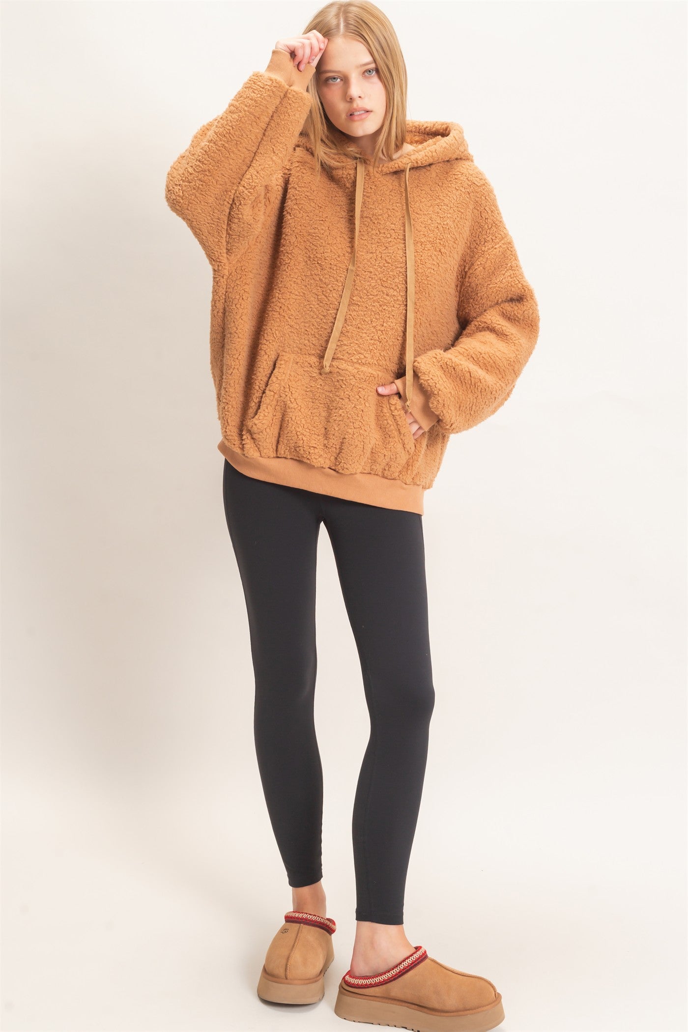 Wholesale Plush Sherpa Pullover Hoodie Hoodies HF26F289 CAMEL HYFVE