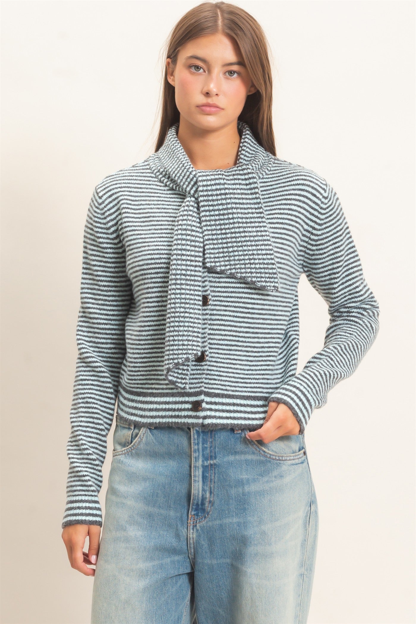 Wholesale Striped Cardigan With Scarf Cardigans DZ26E930 ICE BLUE DOUBLE ZERO