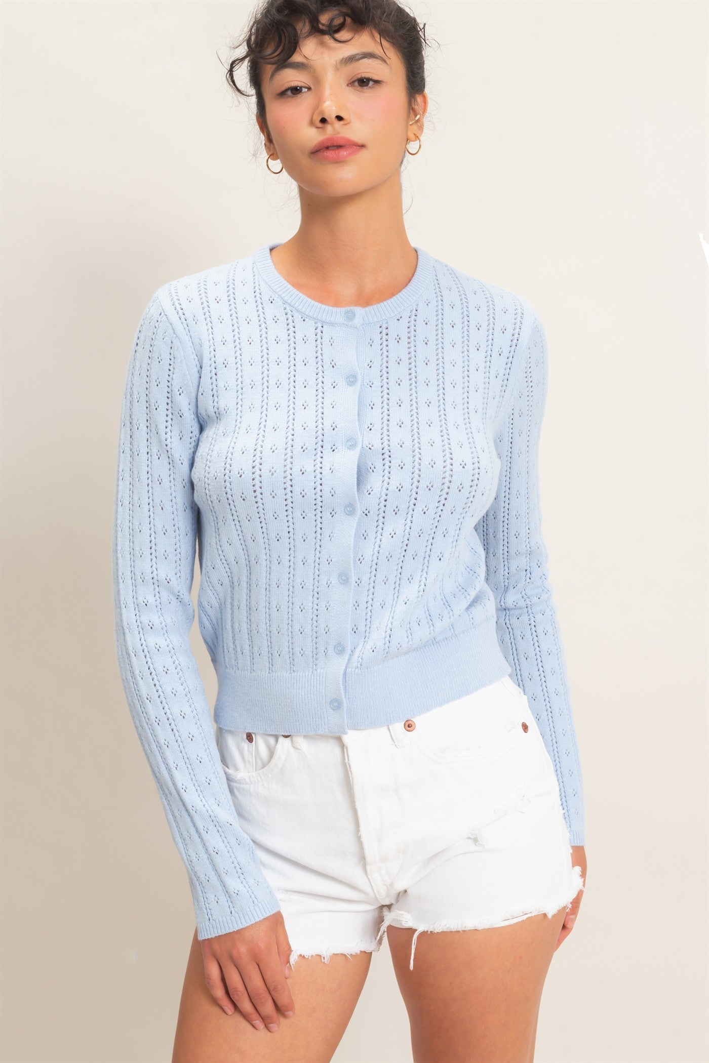 Wholesale Pointelle Button-Down Cardigan Cardigans DZ26E302 ICE BLUE DOUBLE ZERO