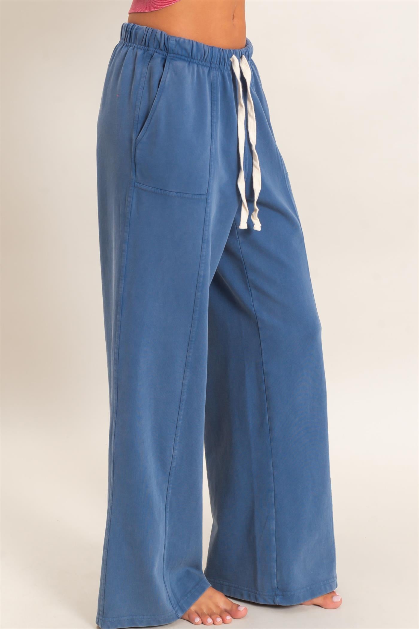 Wholesale Acid Wash Drawstring Waist Wide Leg Pants Pants DZ25A685 NAVY DOUBLE ZERO