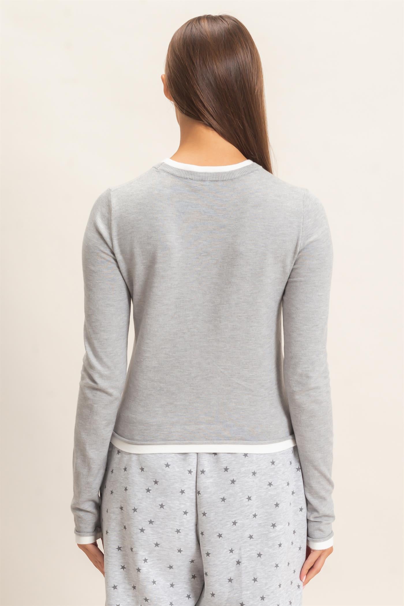 Wholesale Layer Effect Long Sleeve Knit Top Clothing Tops DZ26F394 HEATHER GRAY DOUBLE ZERO