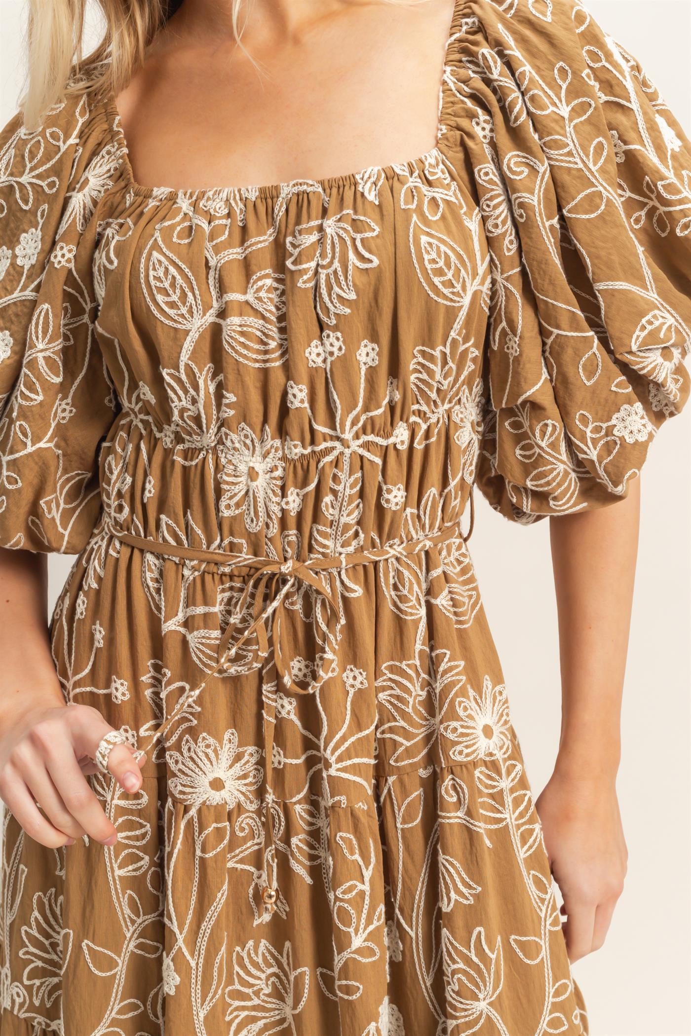 Wholesale Floral Puff Sleeve Midi Dress Dresses HF26C777-D LIGHT BROWN HYFVE