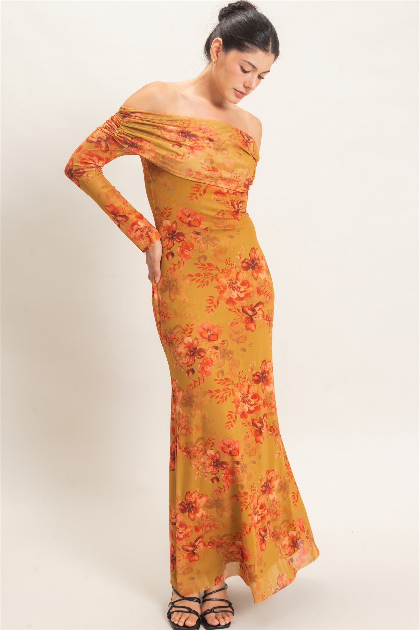 Wholesale Off Shoulder Floral Mesh Dress Dresses HF26E008 MUSTARD HYFVE