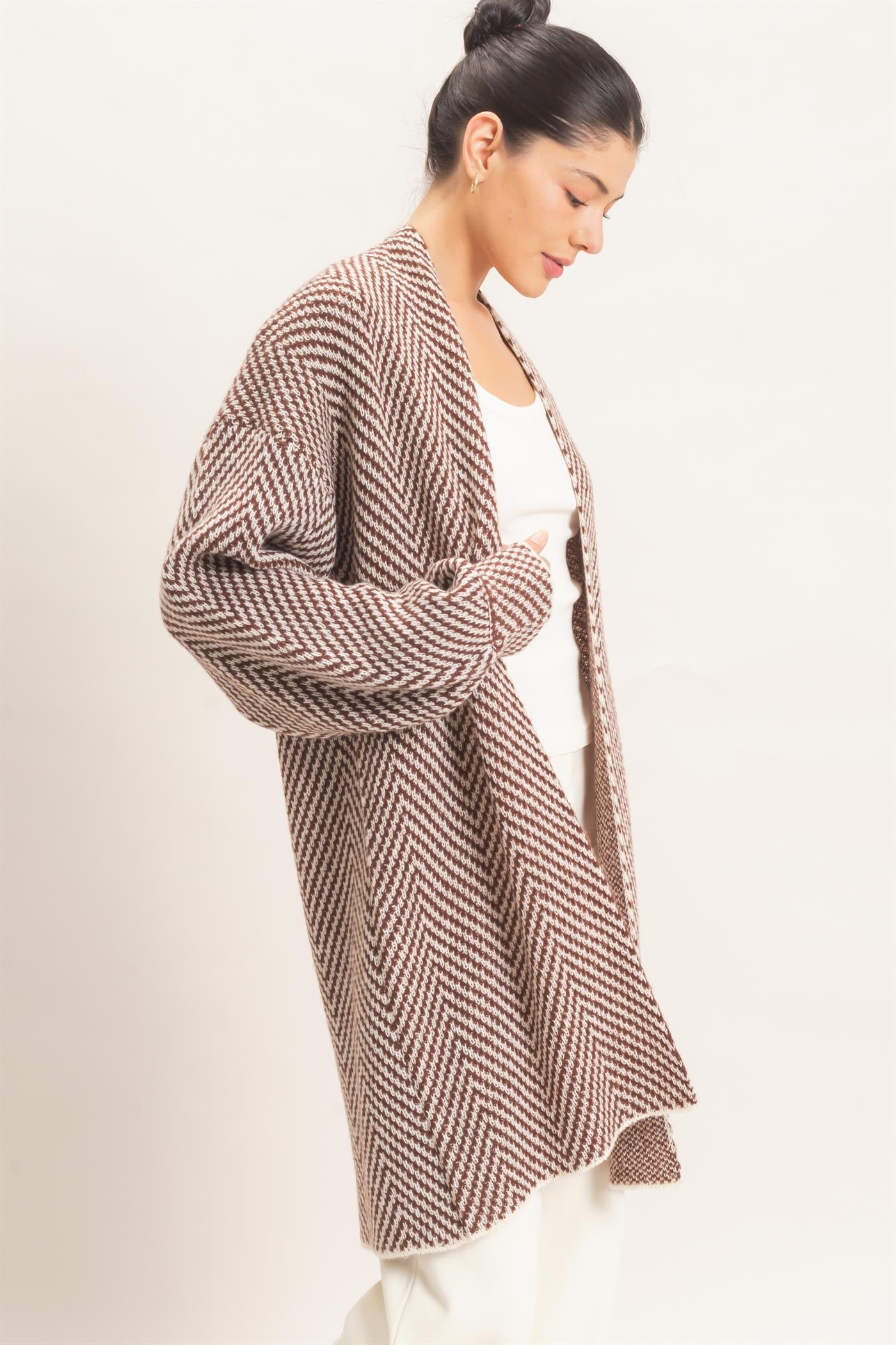 Wholesale Herringbone Pattern Open-Front Cardigan Cardigans HF26F171 BROWN HYFVE