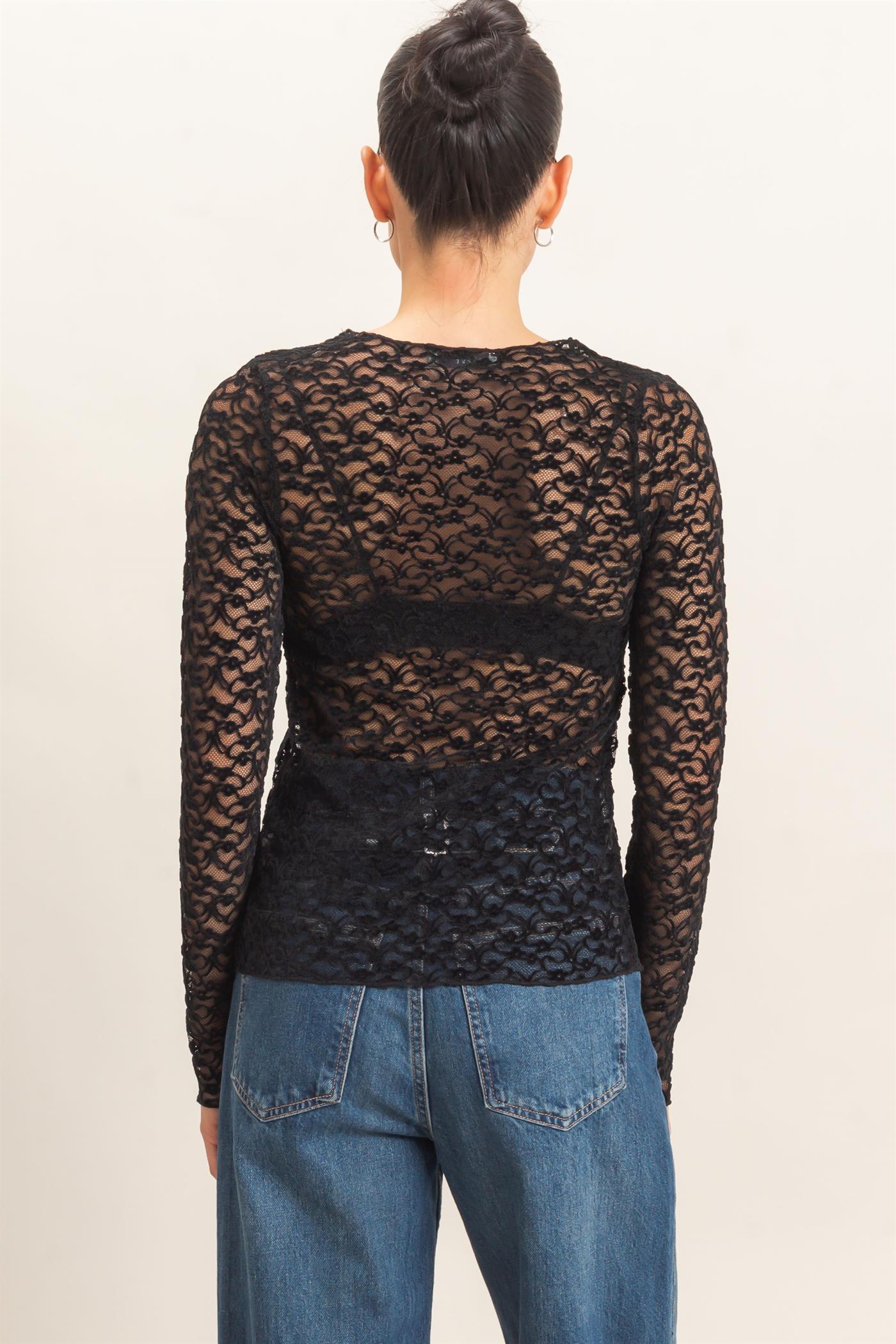 Wholesale Flocked Lace Long Sleeve Cardigan Clothing Tops HF26E415 BLACK HYFVE