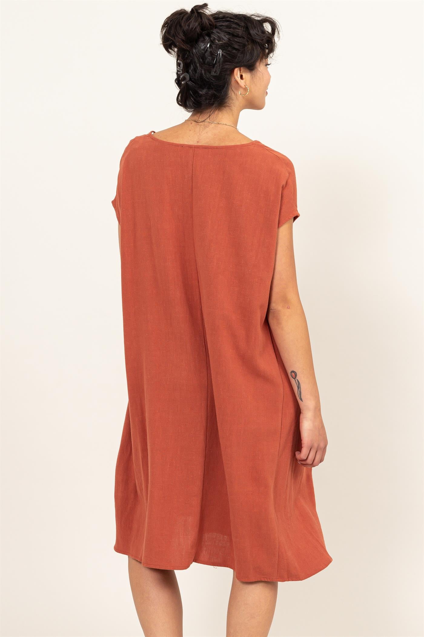 Wholesale V-Neck Oversized Linen Midi Dress Dresses DZ23E033-D BAKED CLAY DOUBLE ZERO
