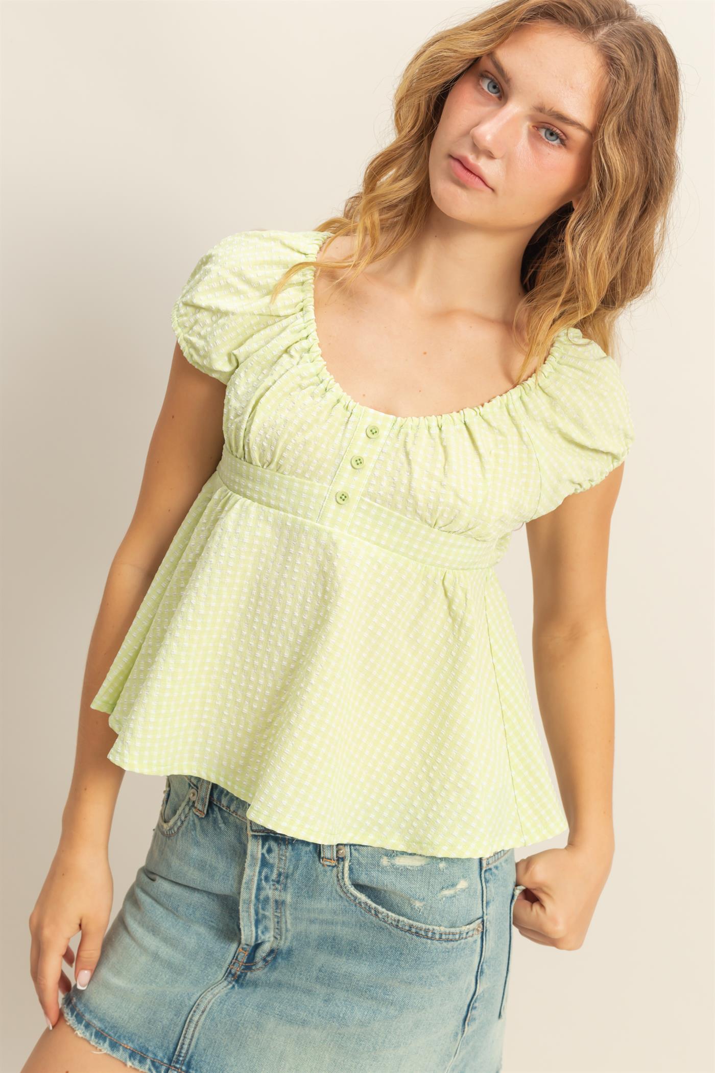 Wholesale Gingham Scoop Neck Cap Sleeve Blouse Blouses DZ25C042 LIME GREEN DOUBLE ZERO
