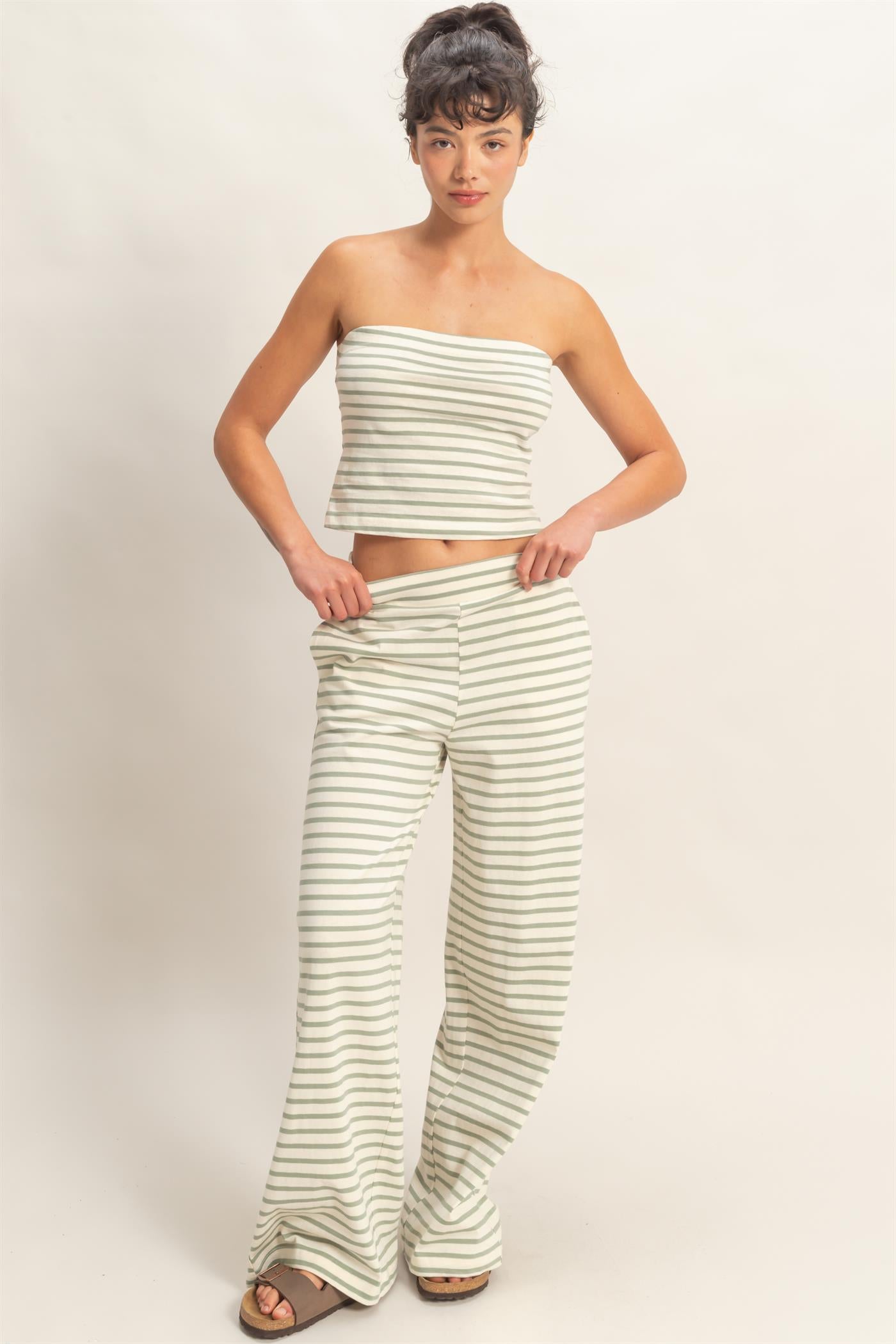 Wholesale Striped Jersey Tube Top And Pants Set Clothing DZ26C621-SET SAGE GREEN DOUBLE ZERO