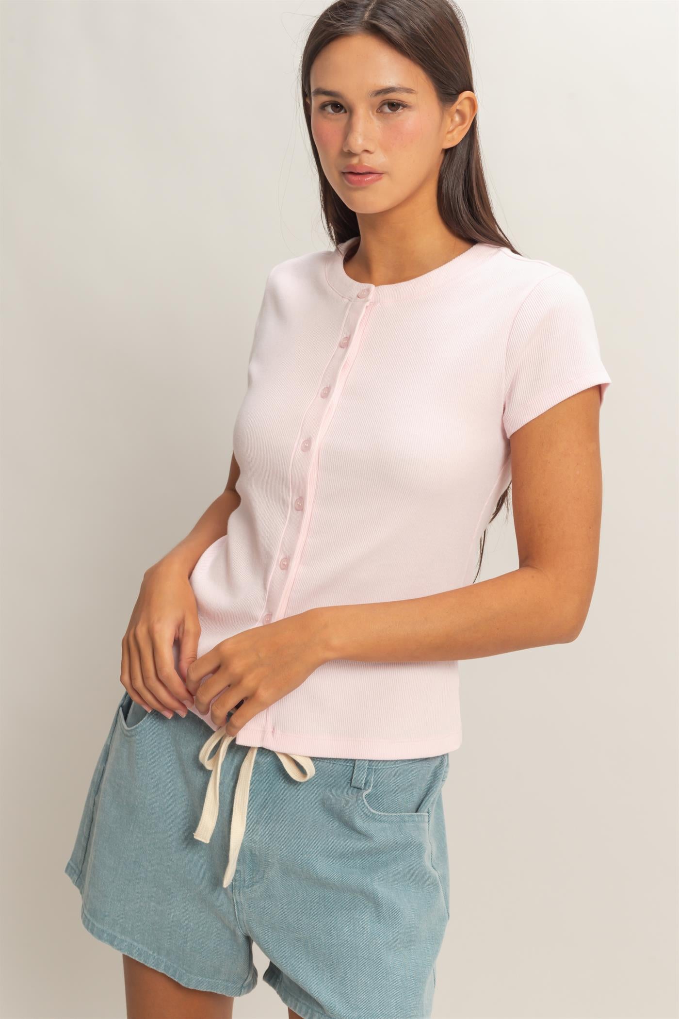 Wholesale Ribbed Button-Front Crew Neck Top Clothing Tops DZ26A727 SOFT PINK DOUBLE ZERO
