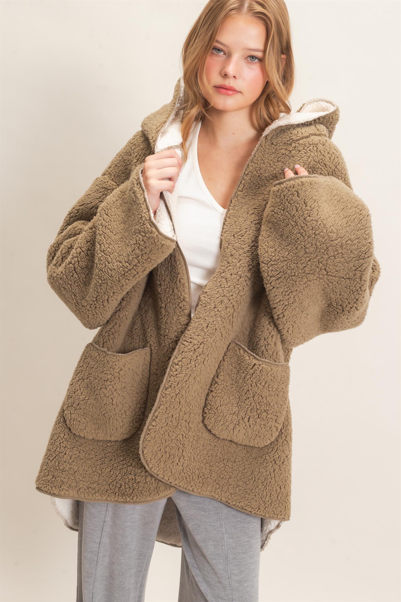 Wholesale Hooded Sherpa Jacket Coats & Jackets HF26E874 LIGHT OLIVE HYFVE
