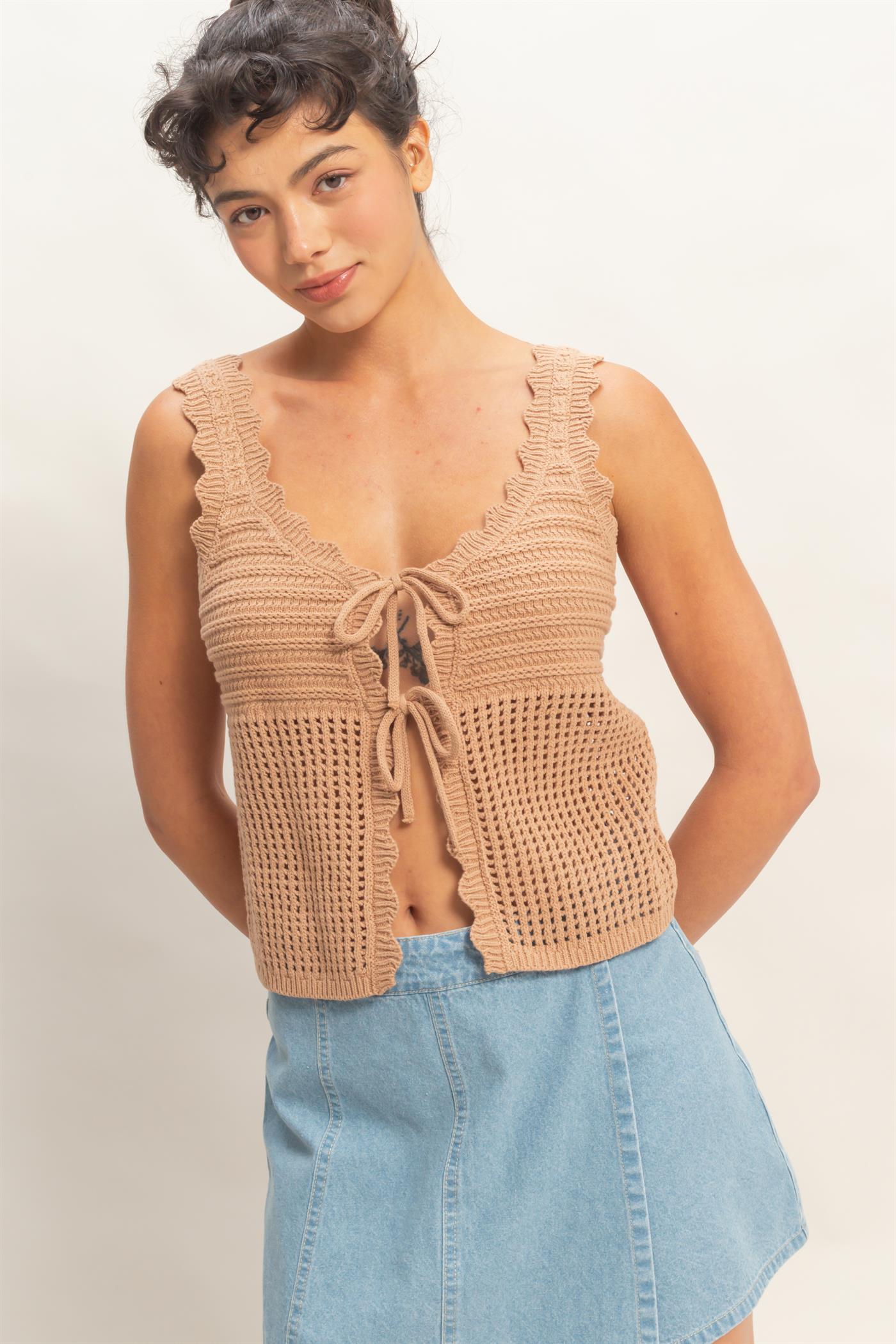 Wholesale Sleeveless Open Knit Double Tie-Front Vest Shirts DZ26A809 DARK TAUPE DOUBLE ZERO