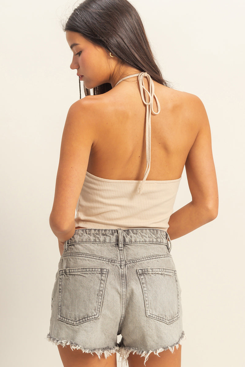 Wholesale Halter Cutout Crop Top Clothing Tops DZ22E149 KHAKI DOUBLE ZERO