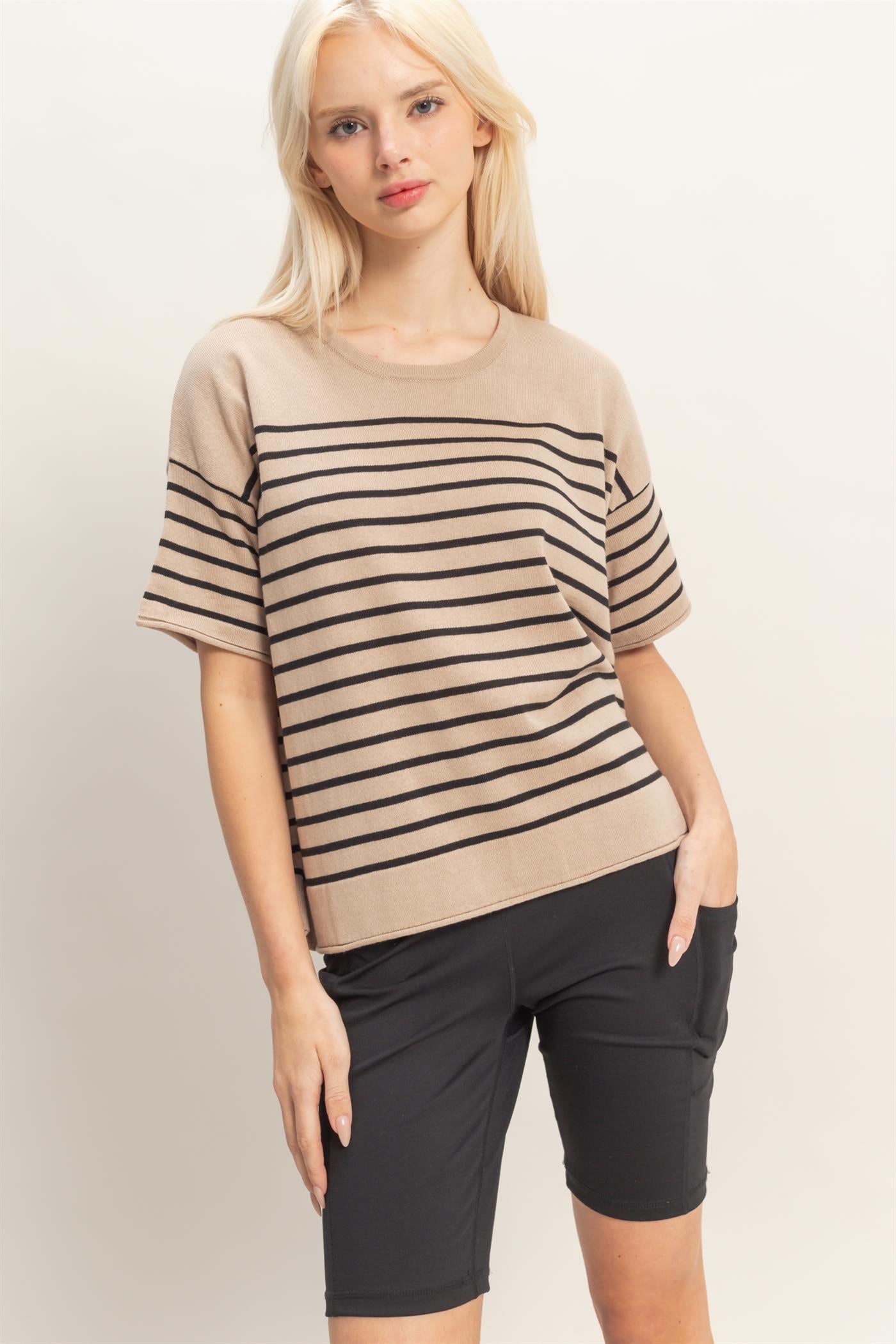 Wholesale Striped Short Sleeve Knit Top Clothing Tops DZ26A838 DARK TAUPE DOUBLE ZERO