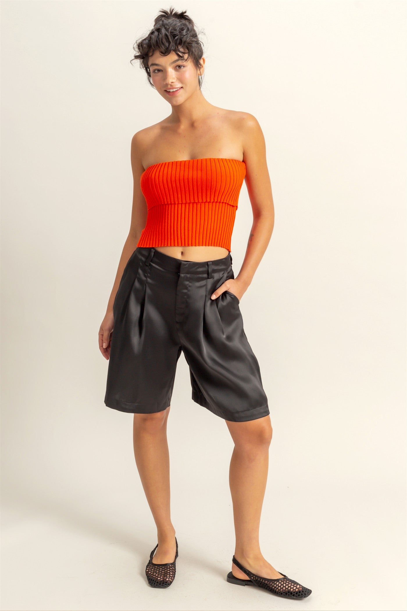 Wholesale High-Waist Pleated Satin Shorts Shorts DZ24E149 BLACK DOUBLE ZERO