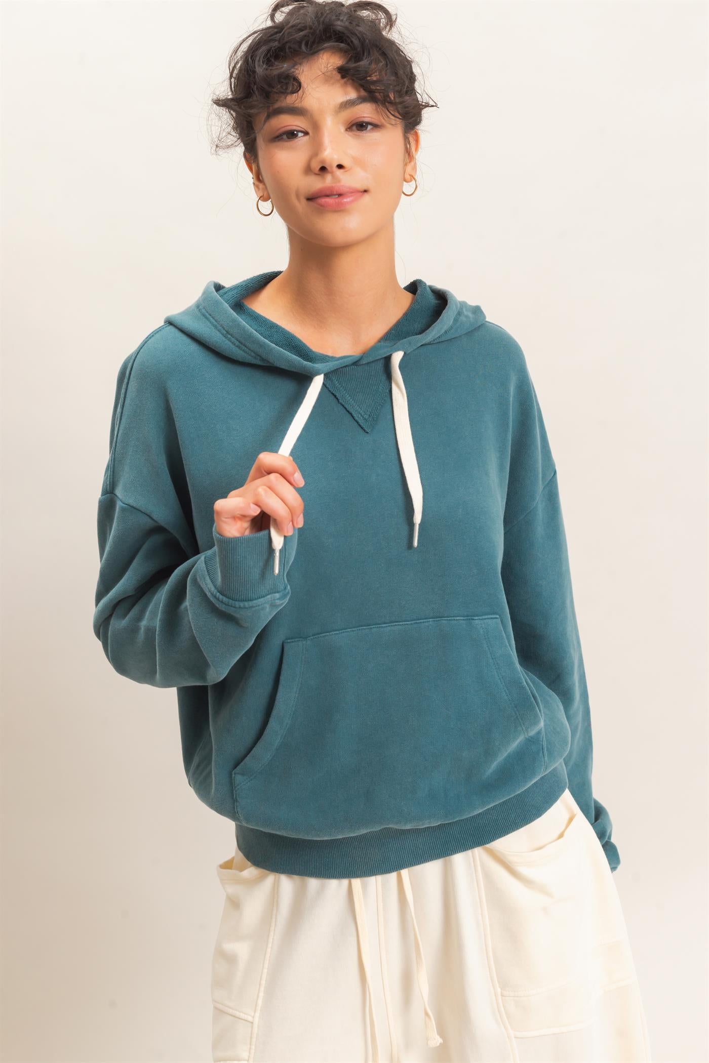 Wholesale Acid Wash Hoodie Clothing Tops DZ26E112 DARK TEAL DOUBLE ZERO