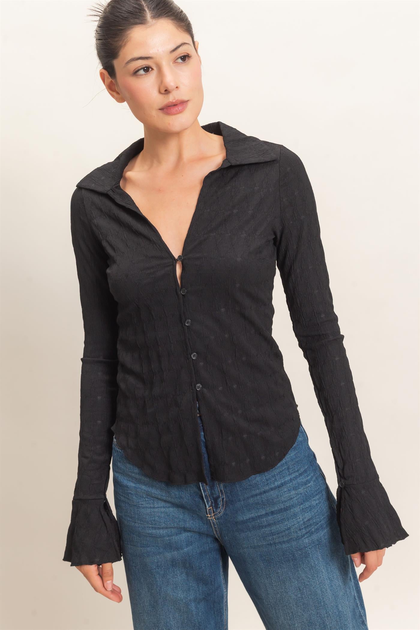 Wholesale Textured Button-Up Collared Top Shirts HF26E062 BLACK HYFVE