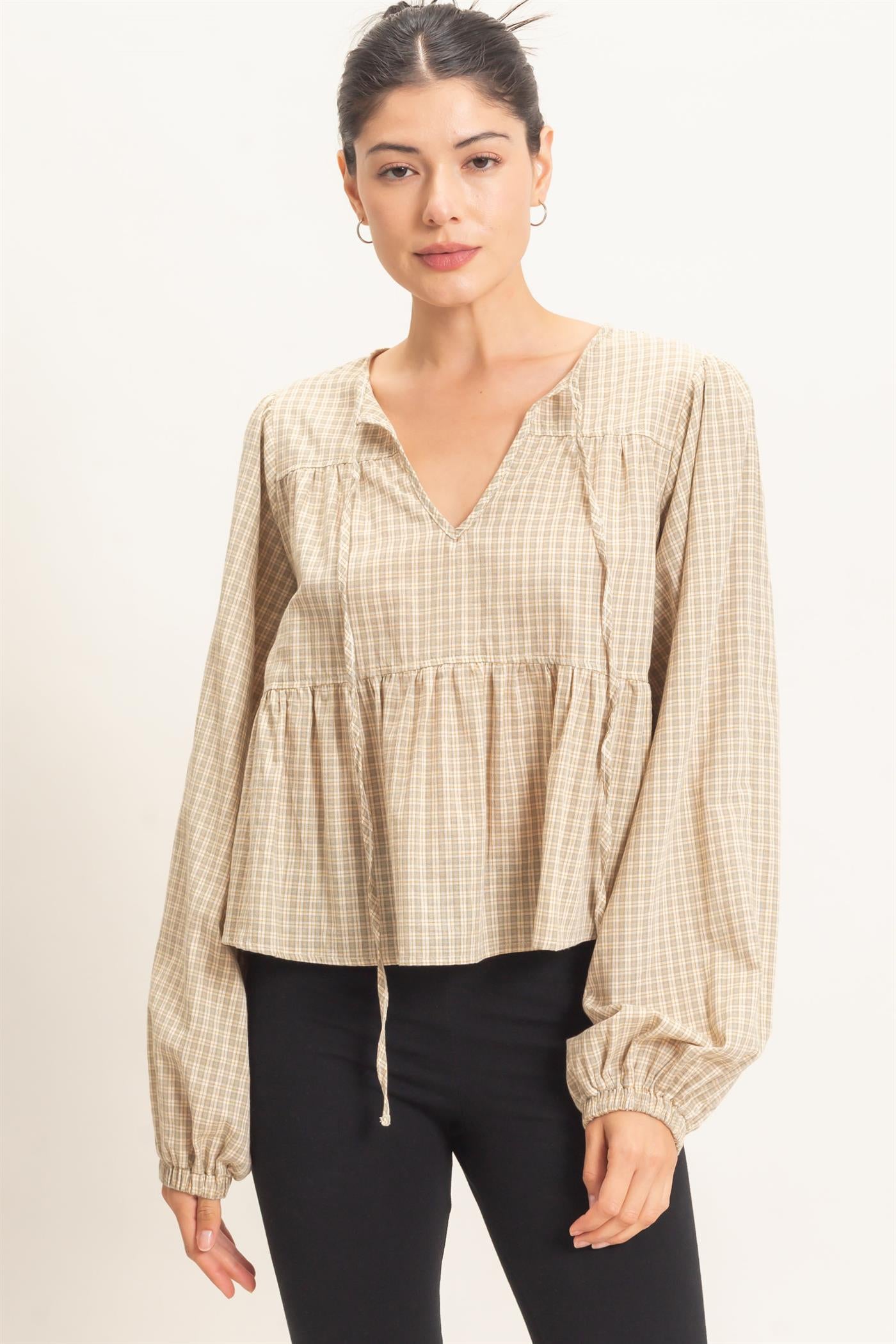 Wholesale Checkered Tie Neck Top Clothing Tops HF26E732 CREAM HYFVE