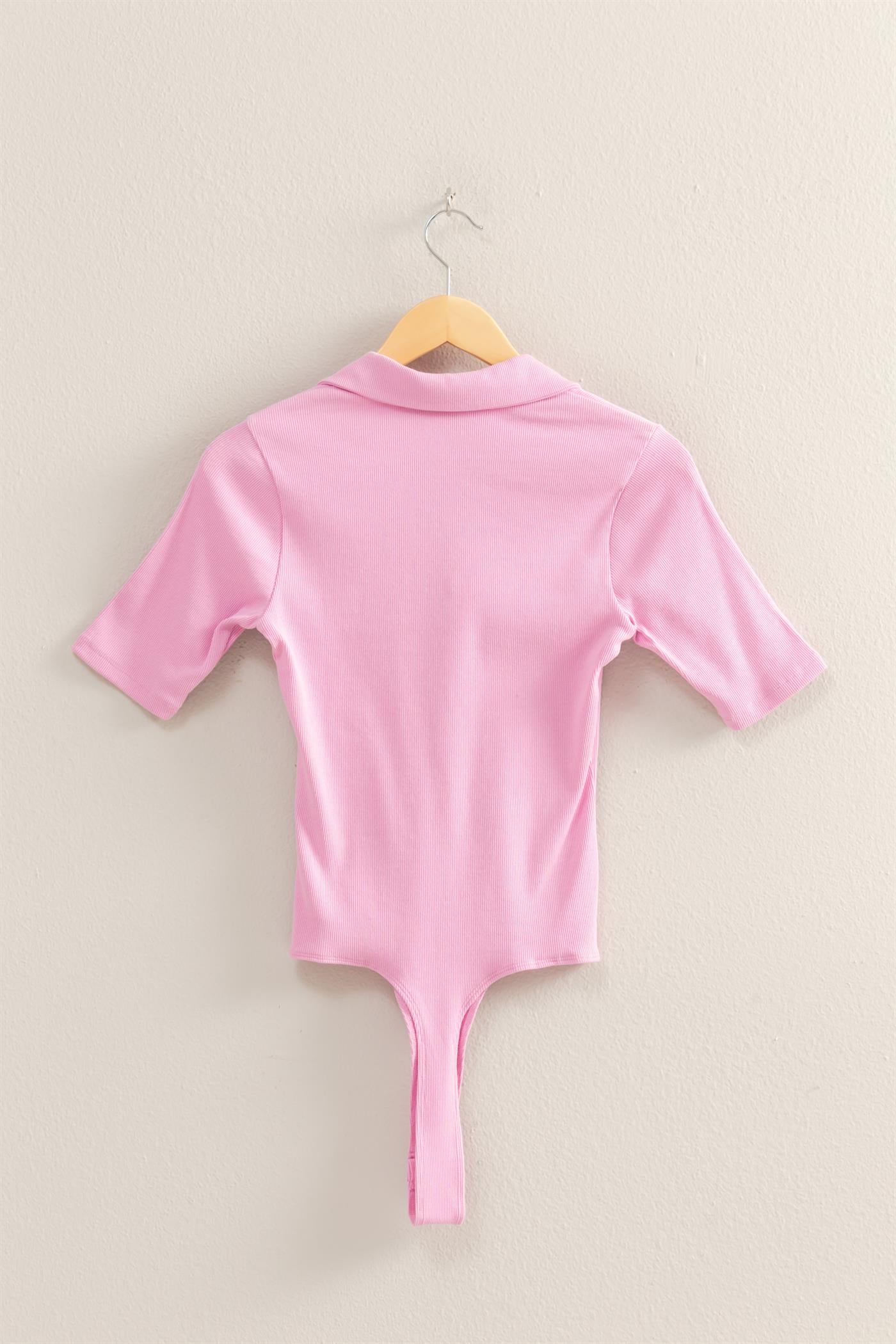 Wholesale Polo Neck Short Sleeve Bodysuit Bodysuits DZ25A777 PINK DOUBLE ZERO