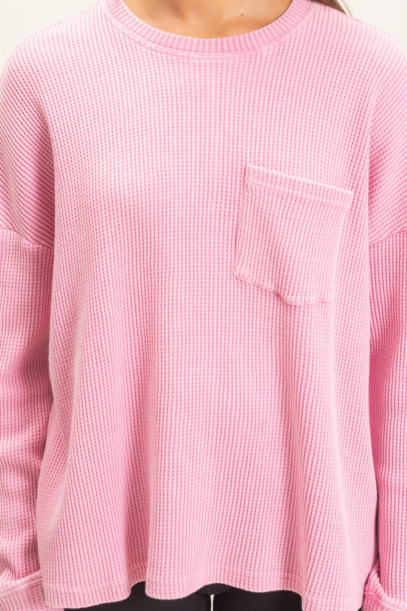 Wholesale Mineral Wash Waffle Long Sleeve Top Clothing Tops DZ26F242 PINK DOUBLE ZERO