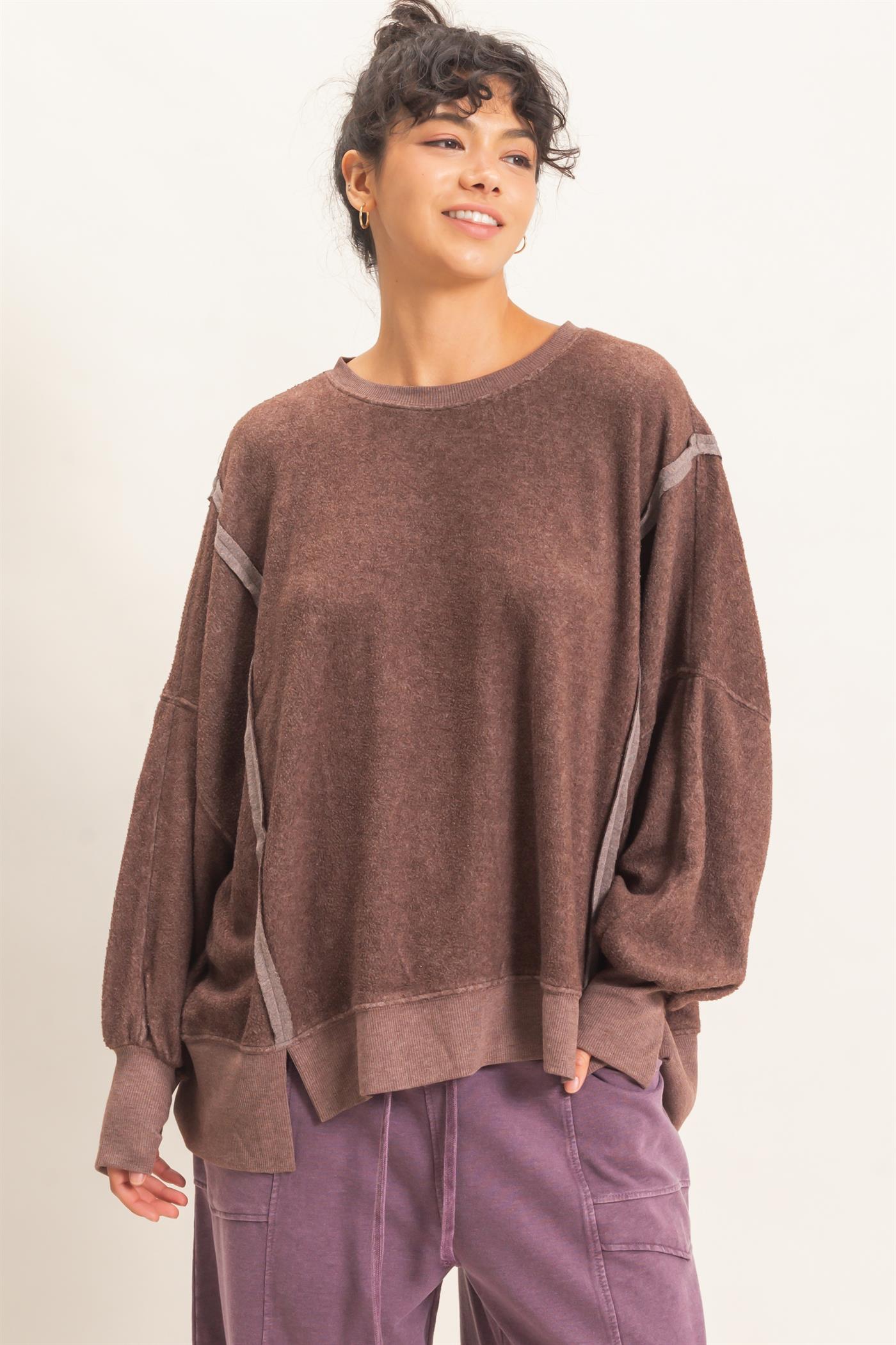 Wholesale Oversized Raw Edge Crew Neck Sweatshirt Sweatshirts DZ26E273 DARK BROWN DOUBLE ZERO