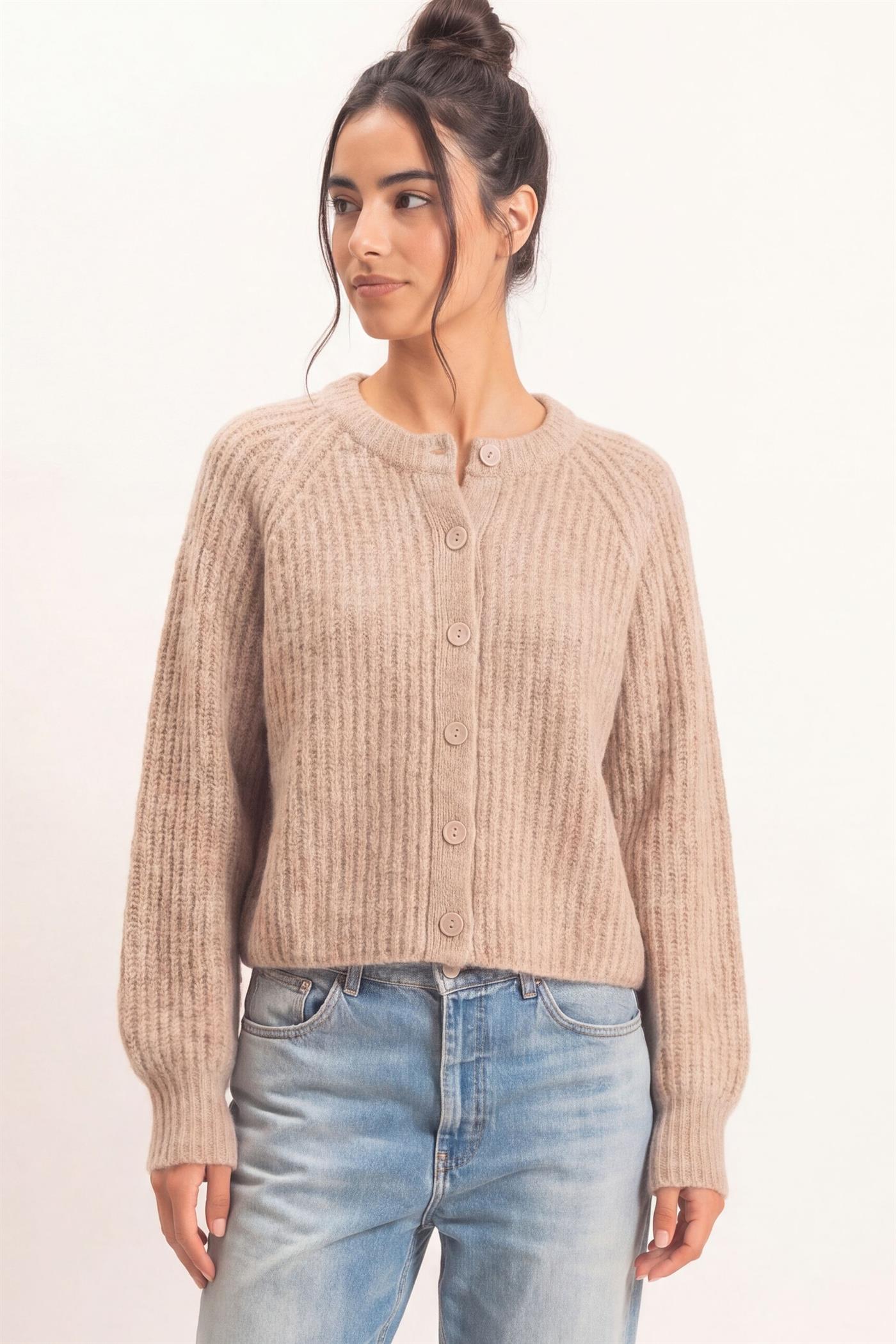 Wholesale Ribbed Button Front Cardigan Cardigans DZ26E109 DARK TAUPE DOUBLE ZERO