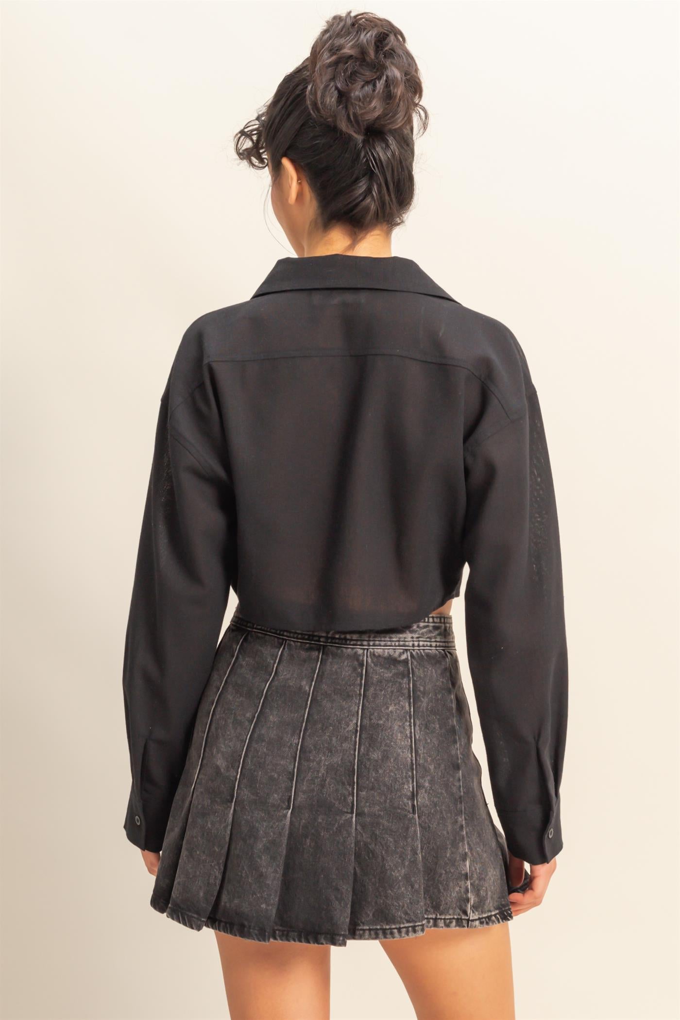 Wholesale Sand Washed Tie Front Crop Top Blouses DZ24C963 BLACK DOUBLE ZERO