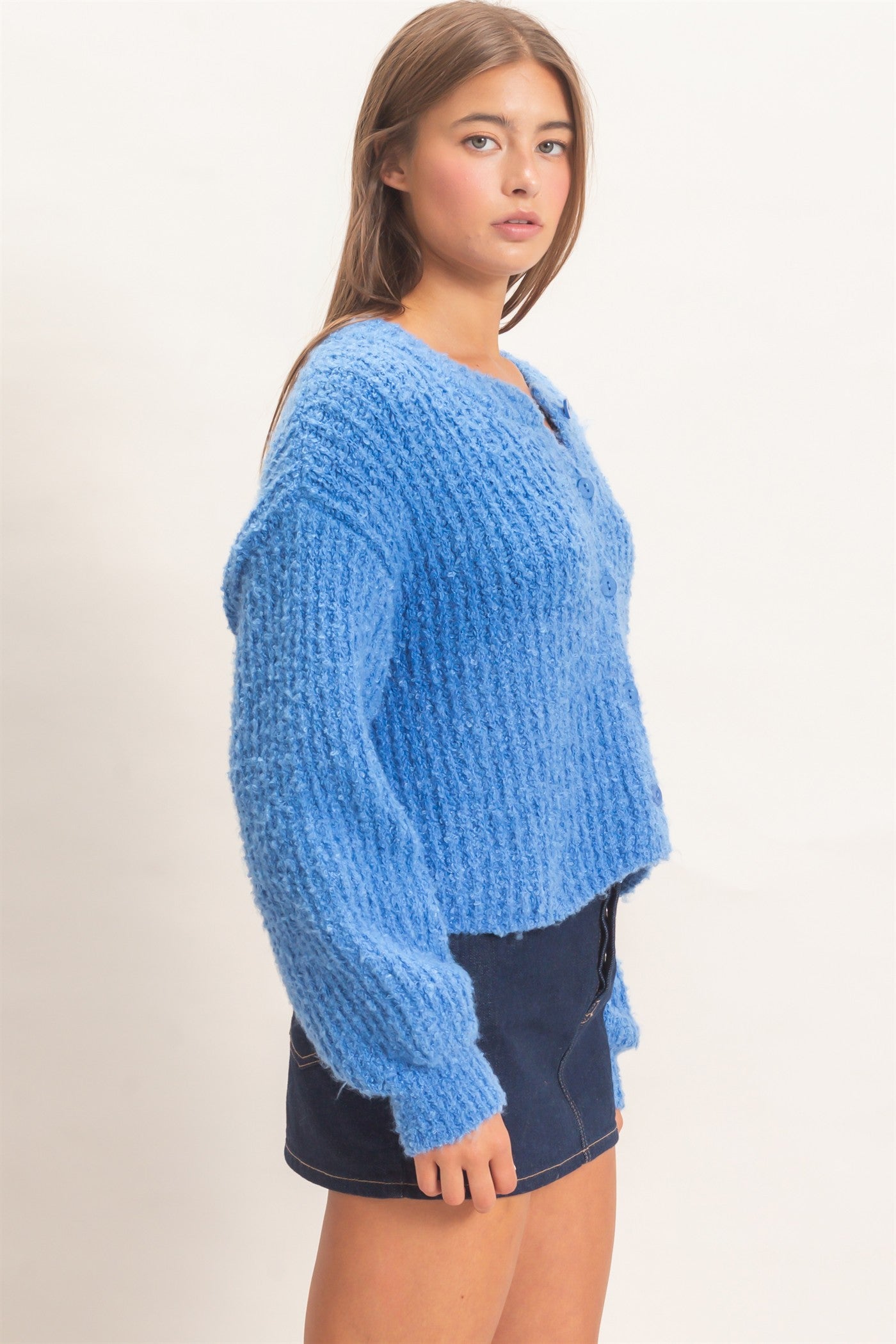 Wholesale Boucle Knit Button Front Cardigan Cardigans DZ26E270 BLUE DOUBLE ZERO