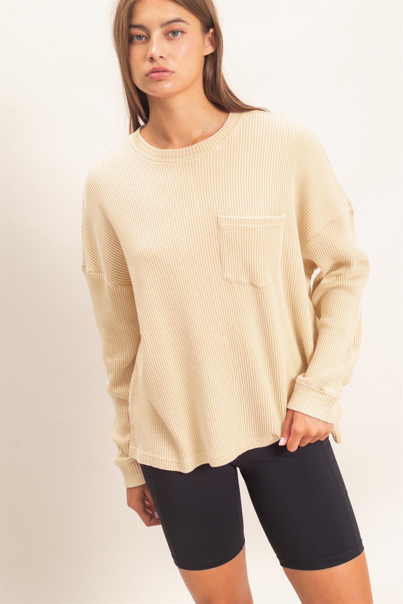 Wholesale Mineral Wash Waffle Long Sleeve Top Clothing Tops DZ26F242 ALPACA DOUBLE ZERO
