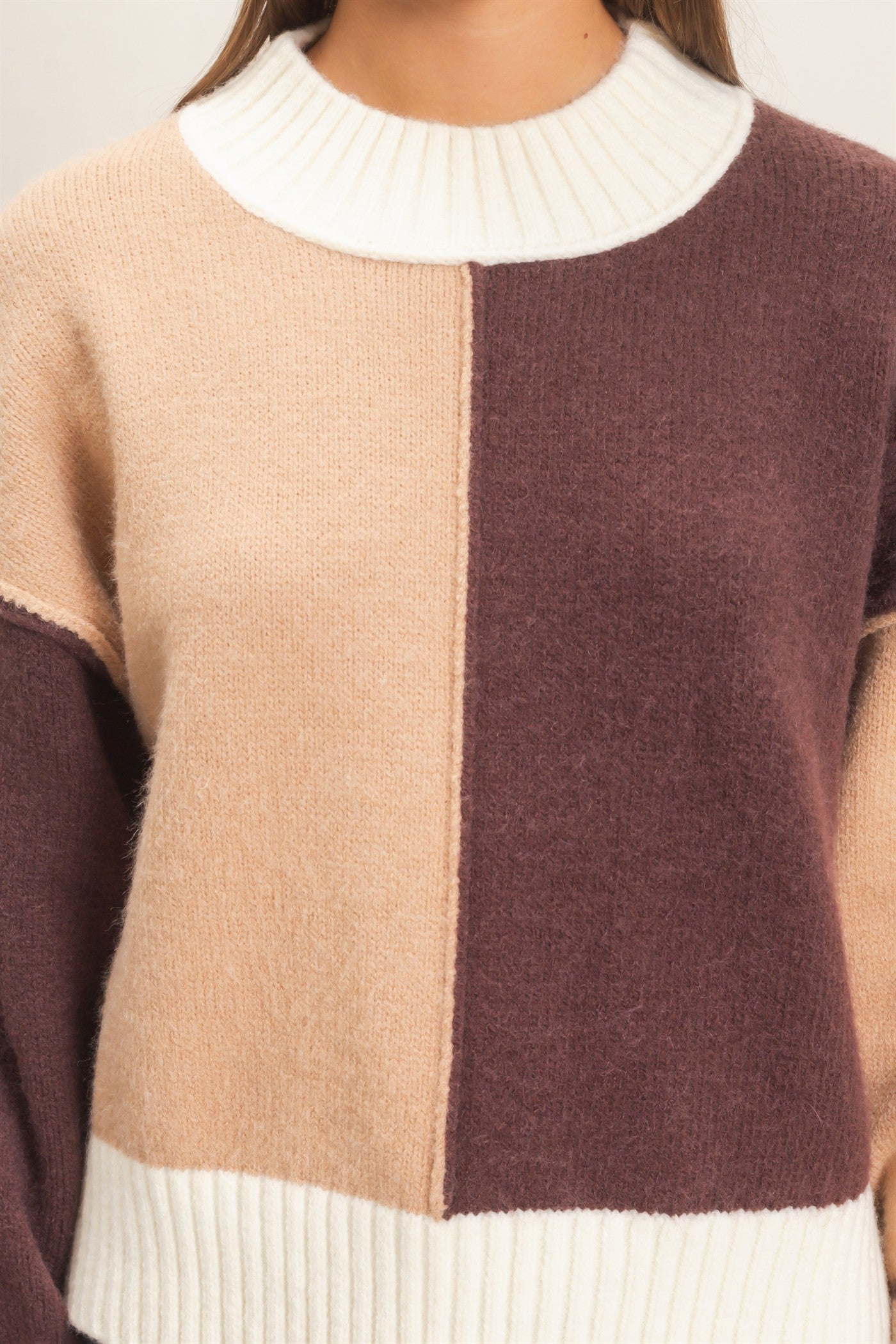 Wholesale Color Block Mock Neck Sweater Sweaters DZ27A211 BROWN DOUBLE ZERO