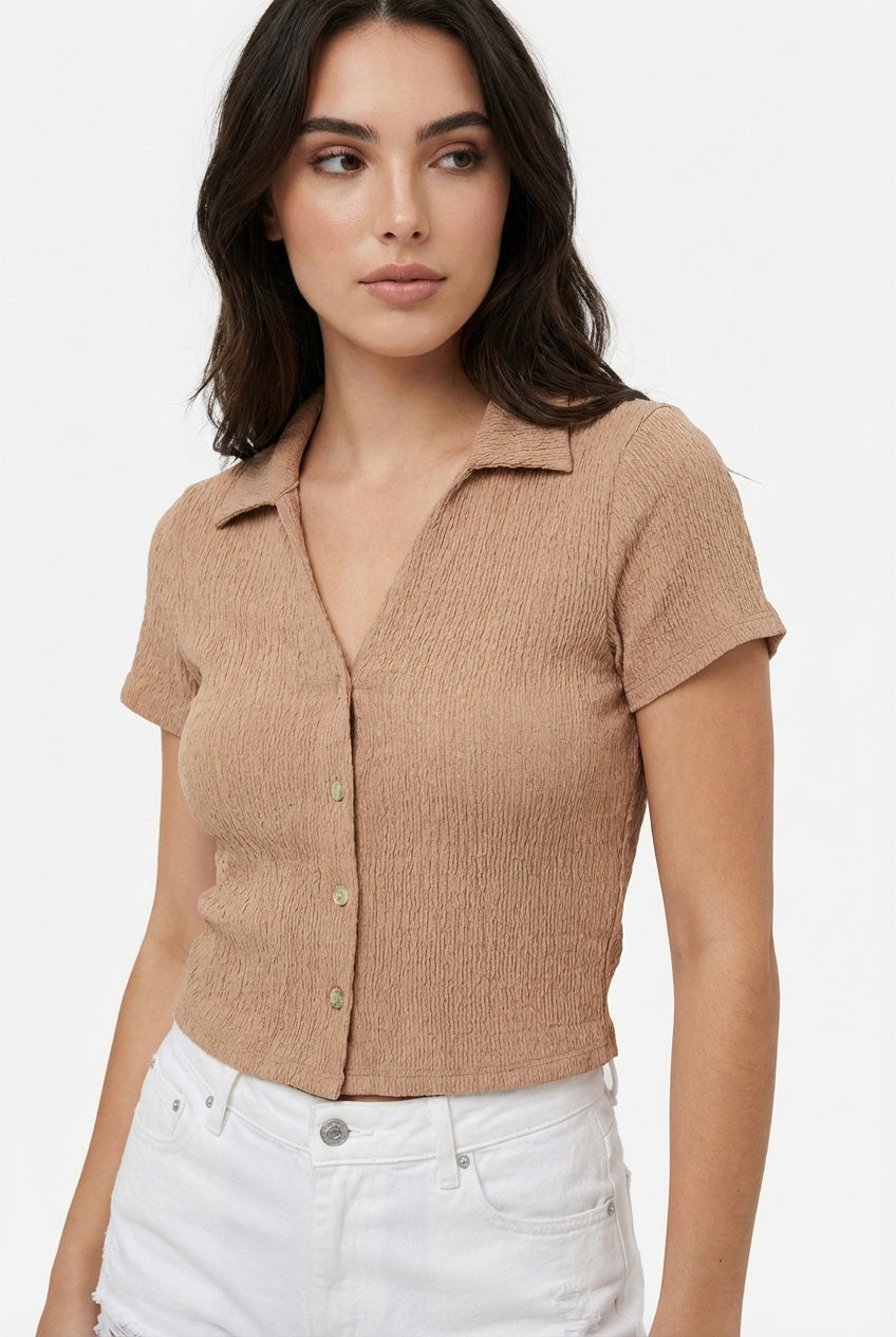 Wholesale Crinkle Knit Button Front Top Clothing Tops DZ24A757 TAN DOUBLE ZERO